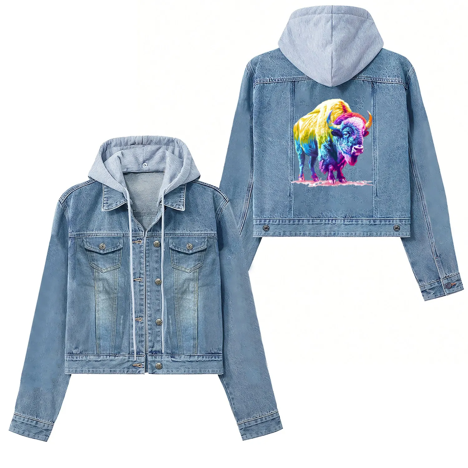 Vibrant Rainbow Buffalo Artwork Women's Denim Jackets