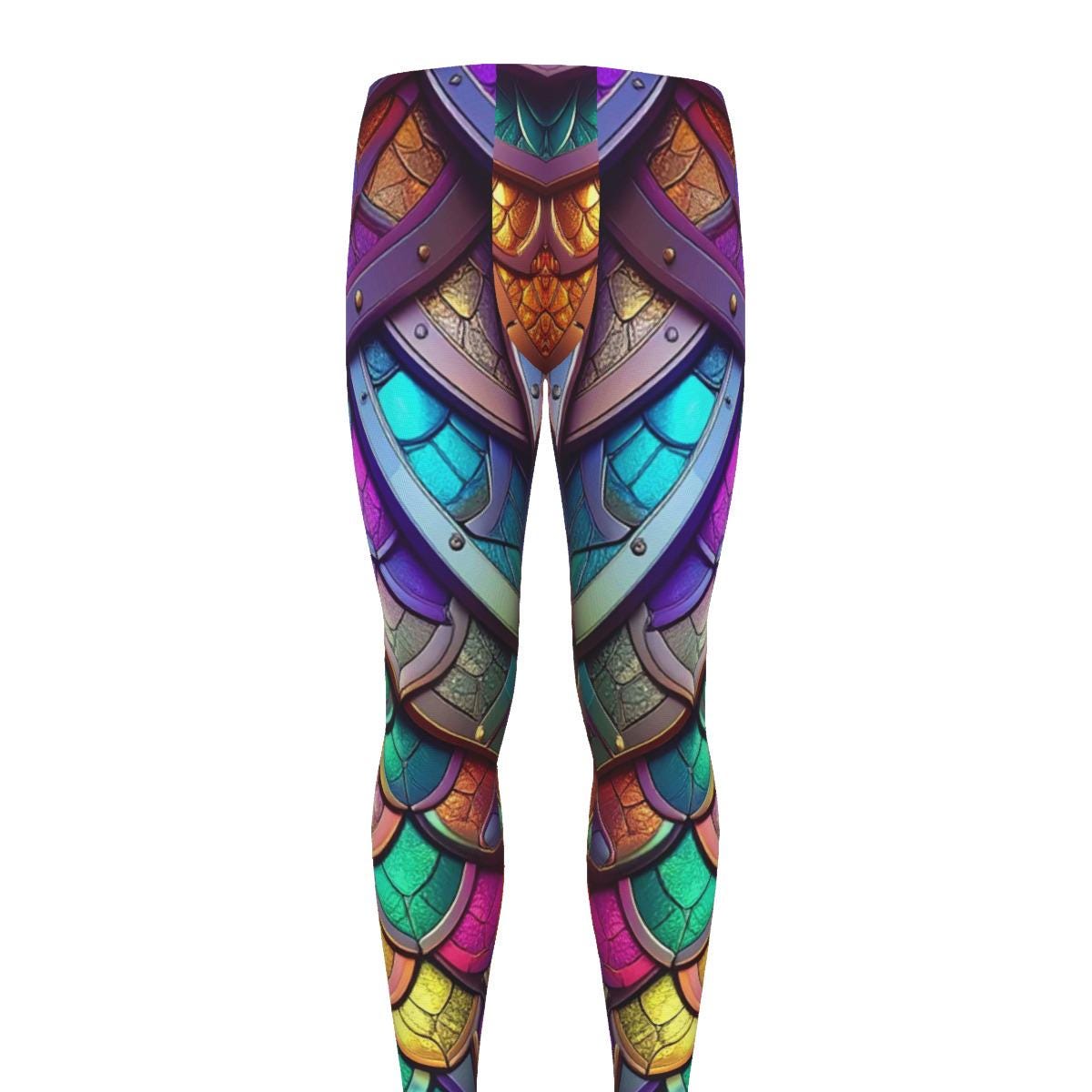 Neon Dragon Scale Gladiator Mens Leggings 3D LARP Battle Exoskeleton Armor Workout Pants Cycling Athletic Fitness Running Exercise Wrestling