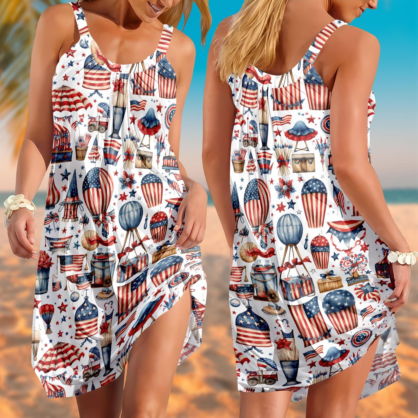 4th Of July Hawaiian Sling Long Dress, America Patriotic Sling Summer Dress, Red White Blue Apparel, Funny American Beach Casual Dress