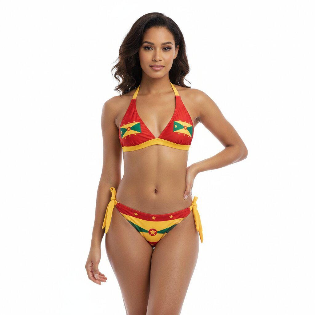 Grenada Flag Halter Bikini Set Tie Side Tropical Beach Swimsuit