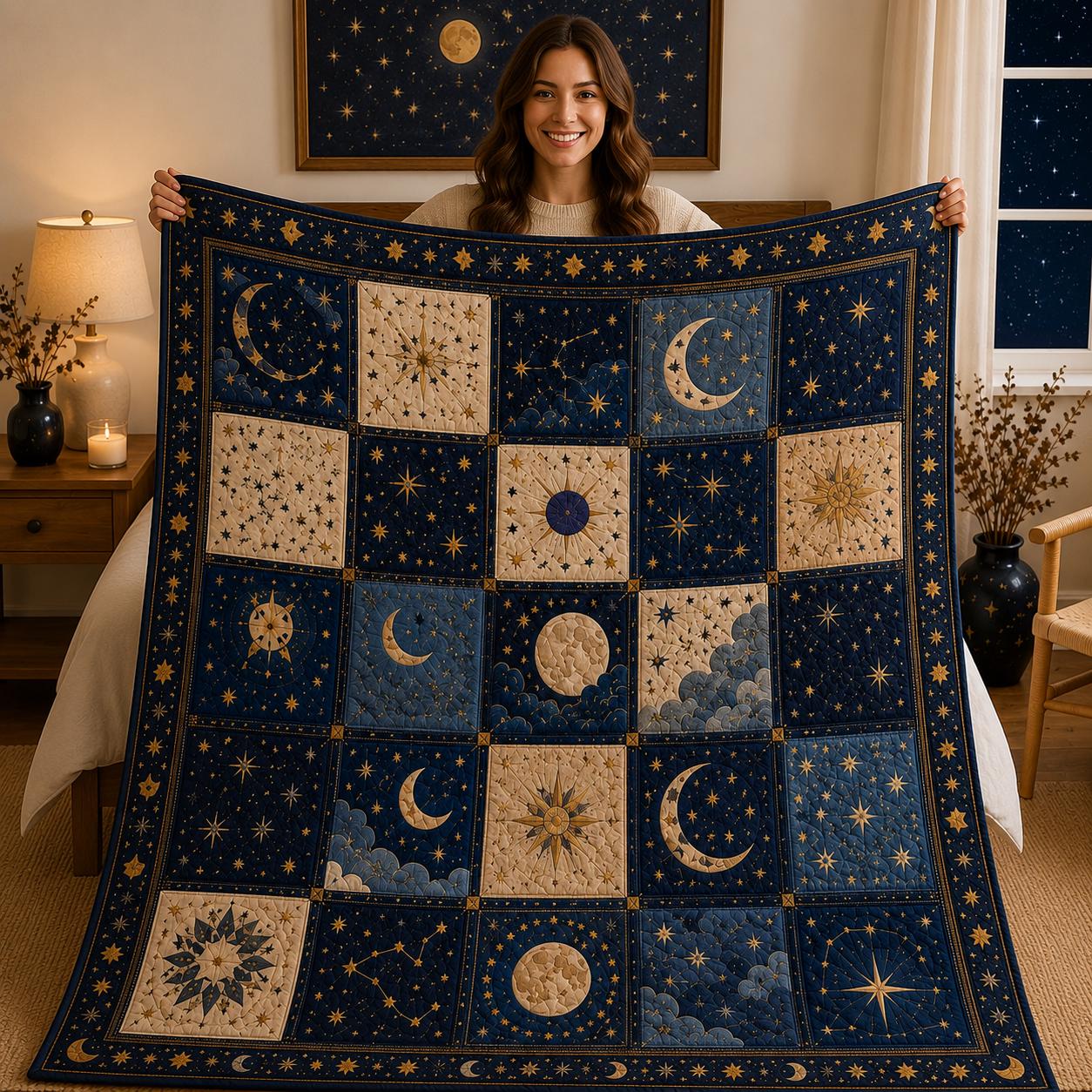 Celestial Quilt Blanket, Moon and Stars Patchwork Quilt, Cosmic Galaxy Throw Blanket, Midnight Sky Bedding, Astrology Home Decor