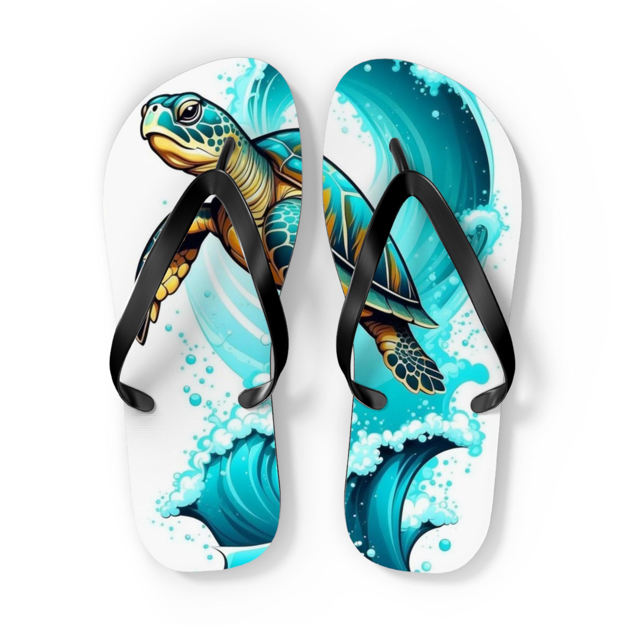 Ocean Wave Turtle Flip Flops, Beach Sandals, Summer Footwear, Holiday Essentials, Tropical Vacation Gear