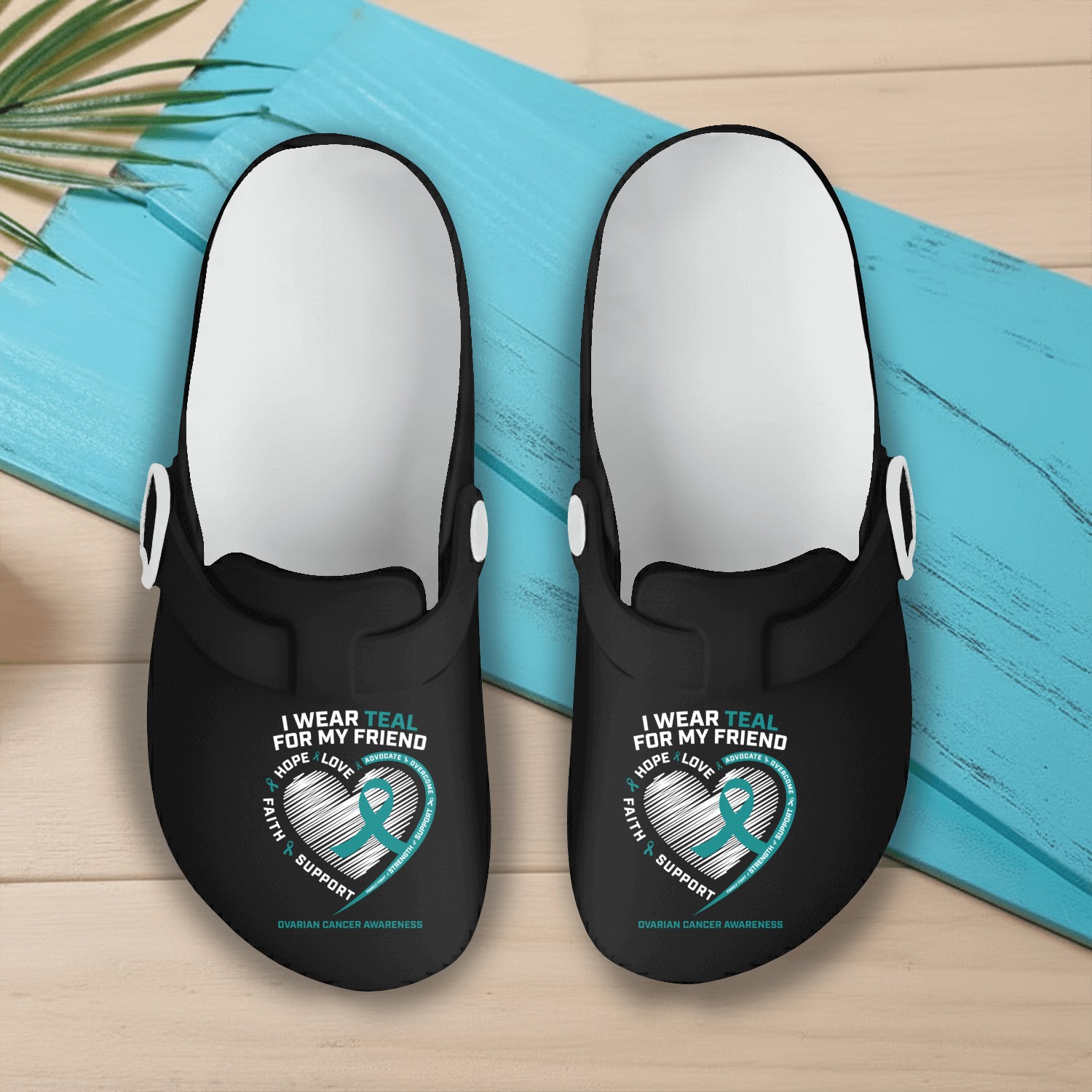 Teal Ribbon Ovarian Cancer Awareness Friend Slip On Clogs