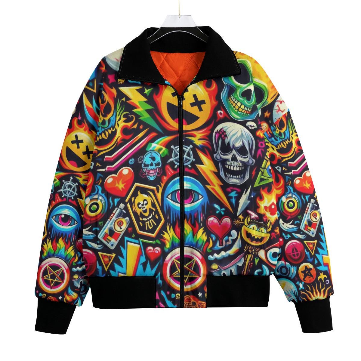 Illuminati Emoji Motorcycle Jacket, Symbols, Skulls Bomber Jacket,Mans Quilted Coat, Menswear Streetwear, Gift, Big Man, Colorful Pop Art