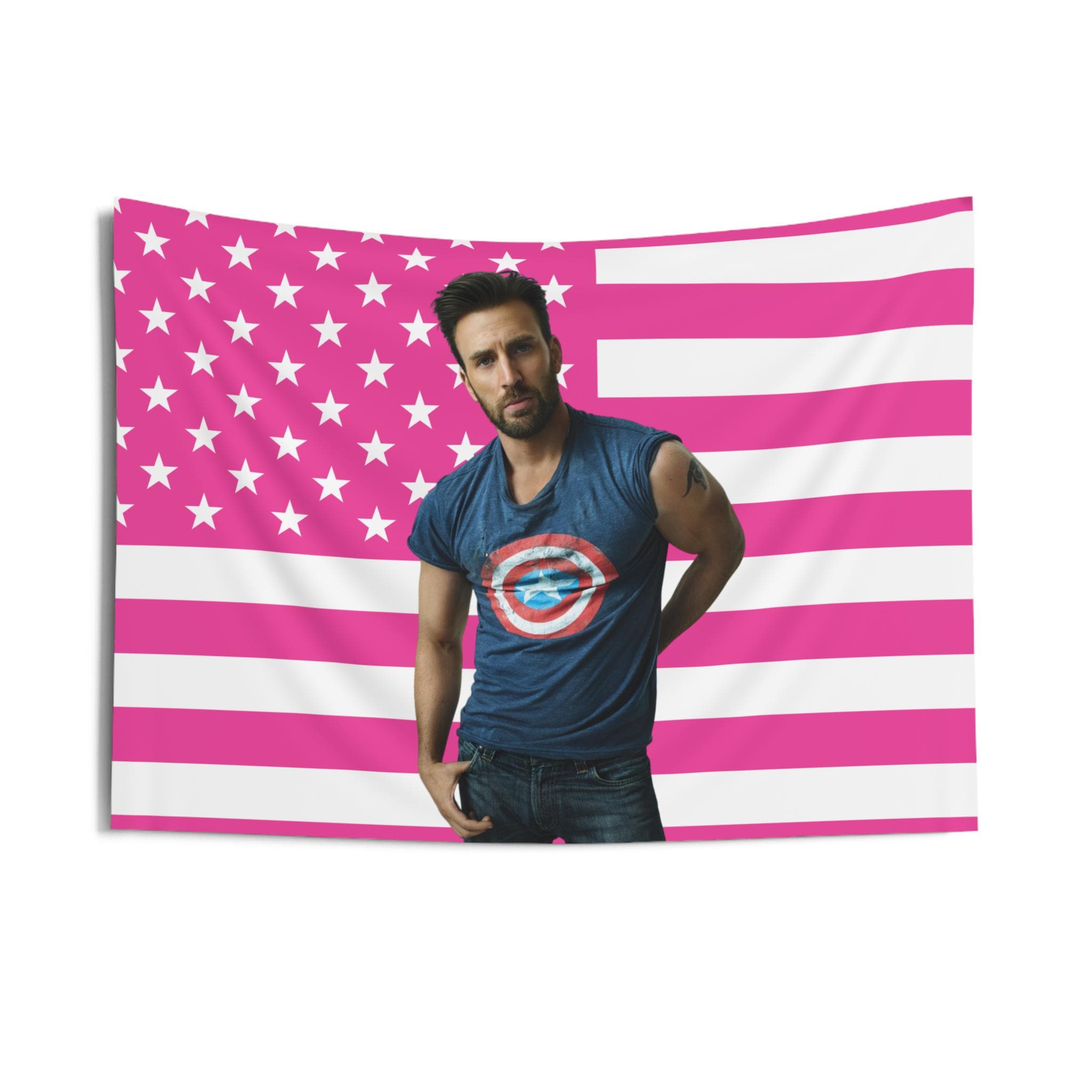 Chris Evans wearing Captain America tee Tapestries, Captain America Pink Flag, Chris Evans - Captain America Indoor Wall Tapestries