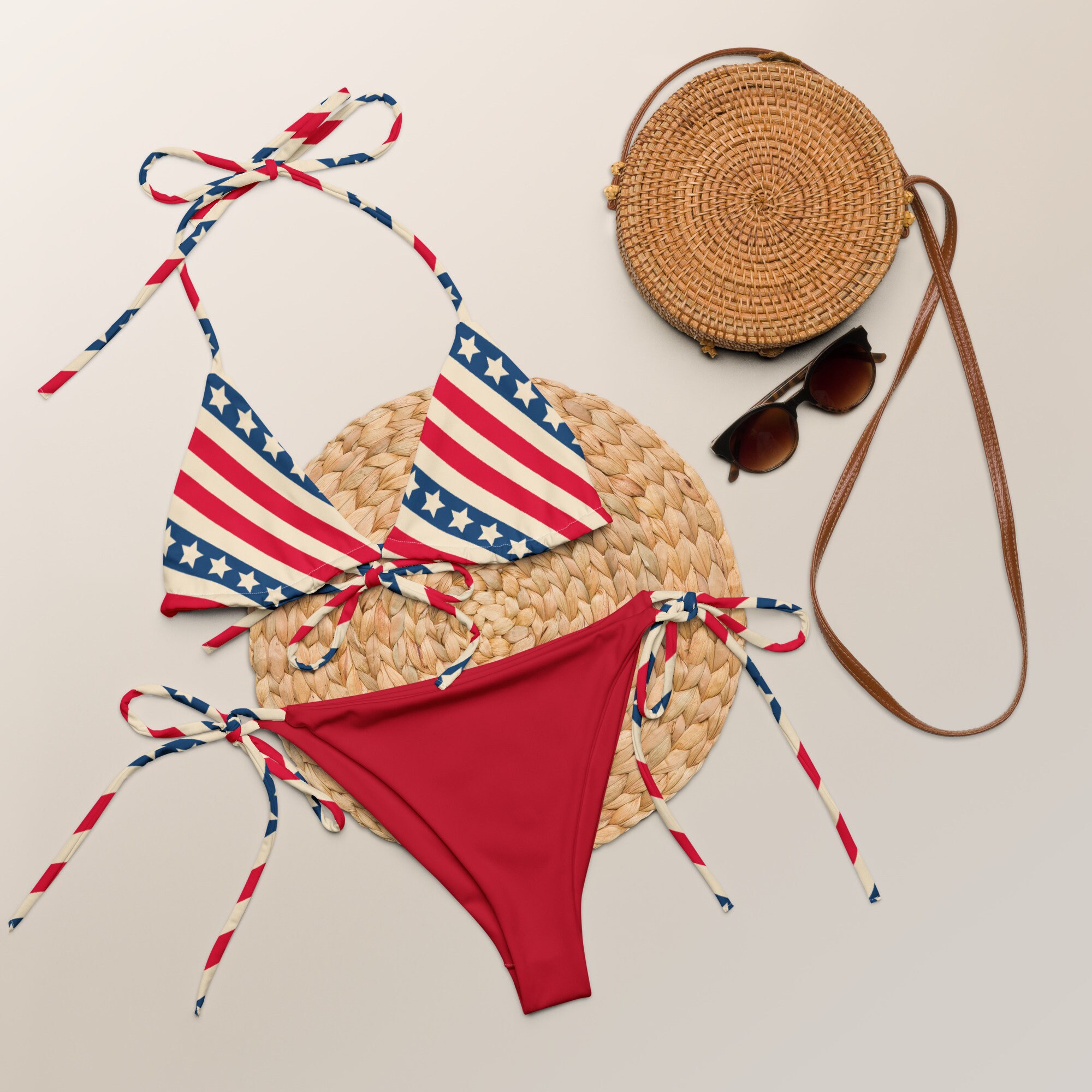 Retro USA Stars + Stripes Vintage Style Recycled String Bikini / Festival Wear / Fourth of July Wear