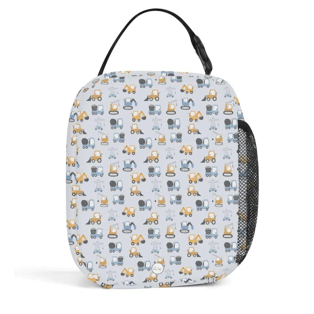 Custom Name Insulated Lunch Bag for Kids with Construction Vehicles, Personalized Food Cooler Lunch Bag, Birthday Gift