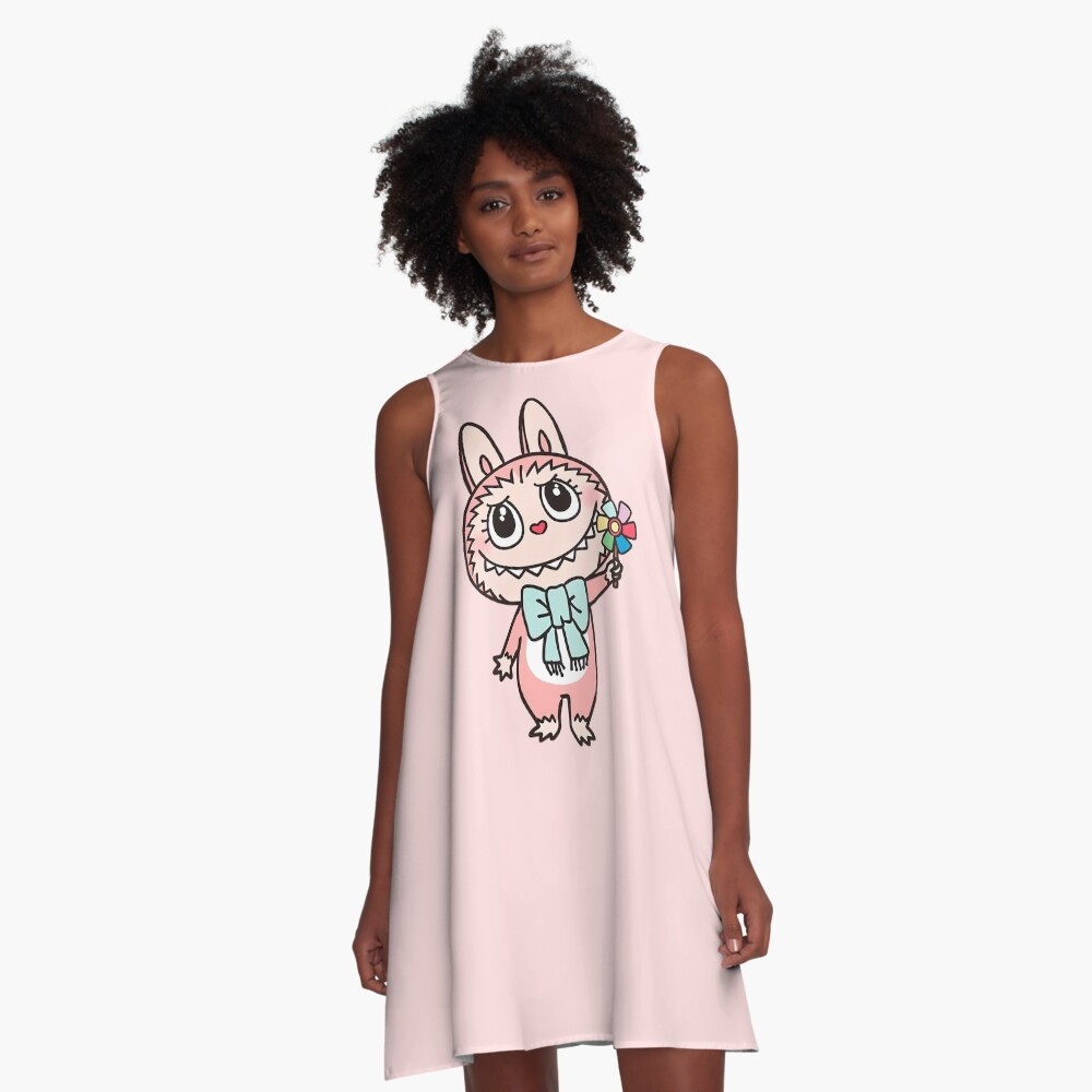Labubu pink Monster flower sticker A-Line Dress, Gift for Her