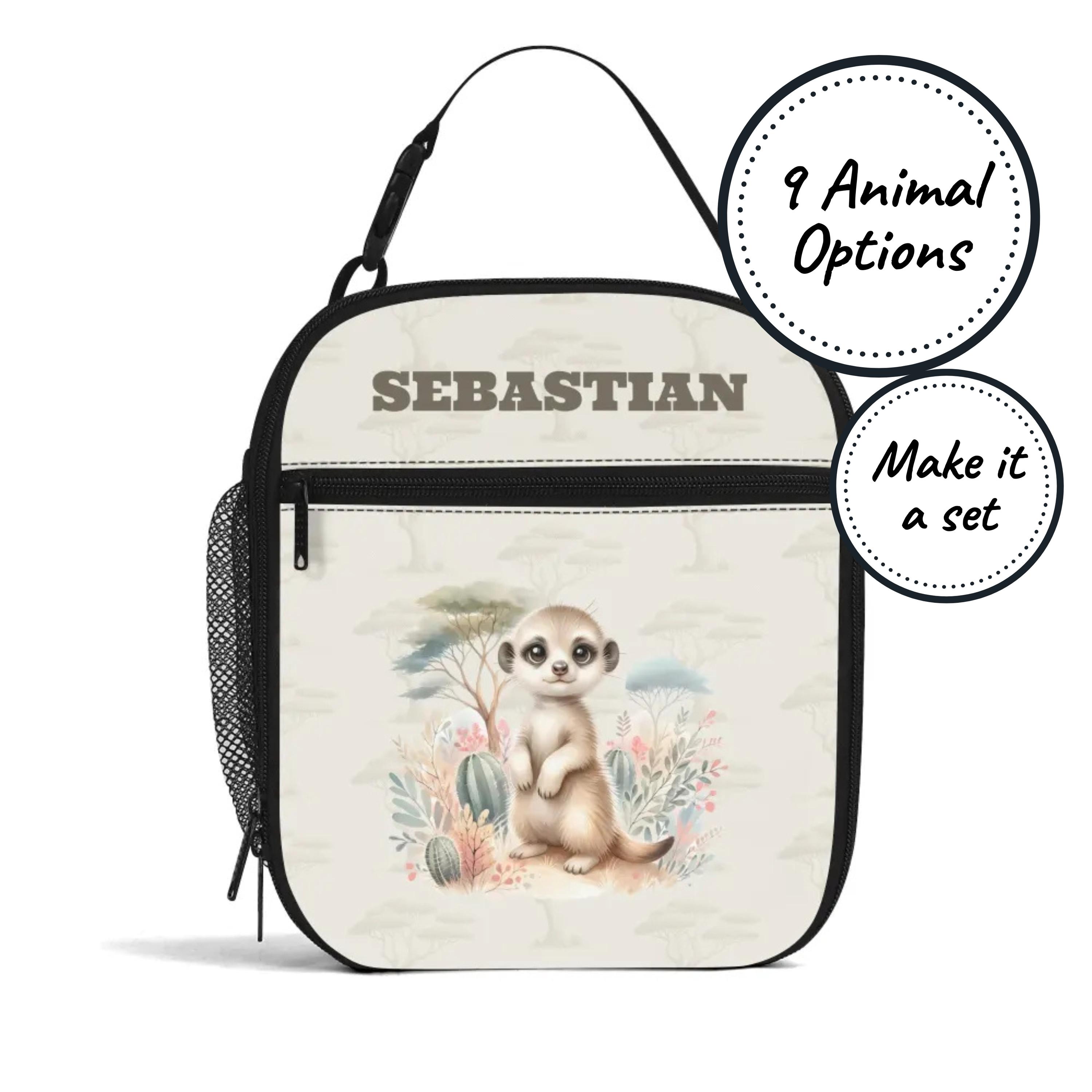 Custom Name Insulated Lunch Bag for Kids with Safari Animals, Personalized Food Cooler Lunchbox