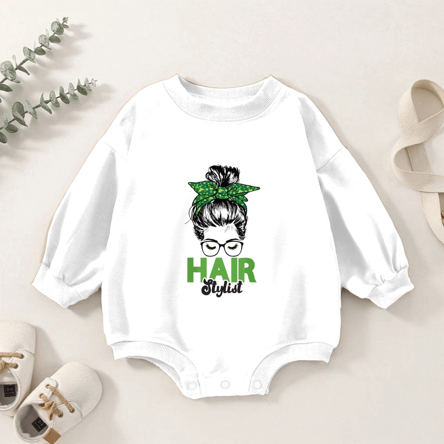 Hairstylist St Patrick's Day Shamrock Messy Bun Baby Romper Sweatshirts