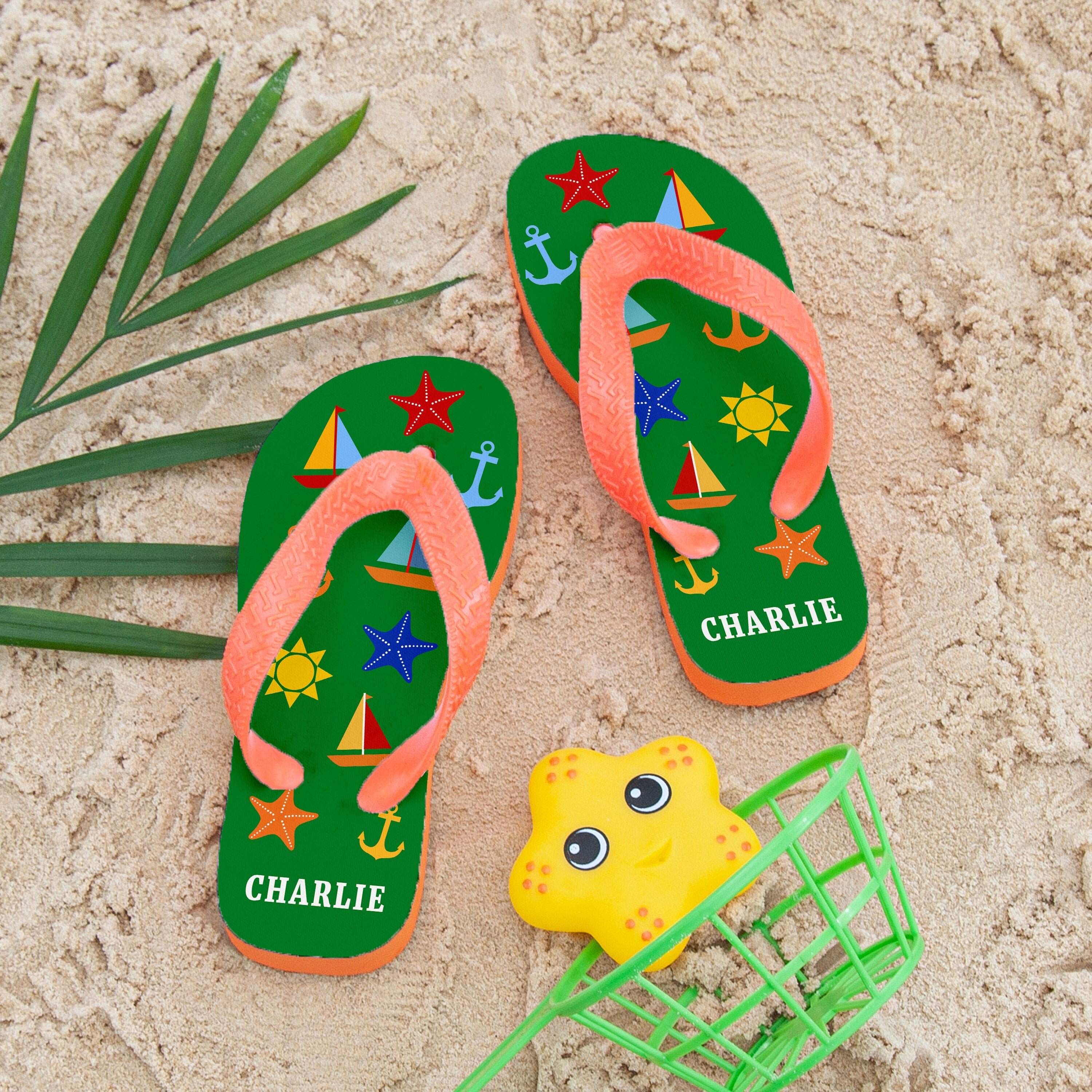 Personalised Kid's Fun At The Beach Flip Flops In Green