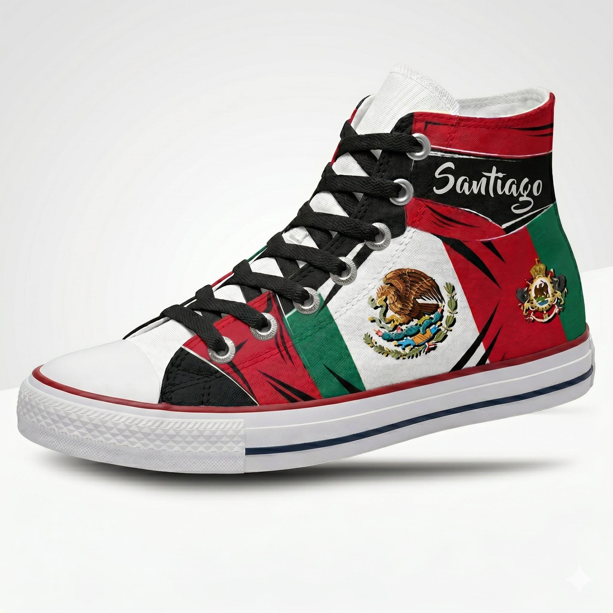 Mexico Flag High Top Sneakers, Personalized Name Canvas Shoes, Hispanic Heritage Footwear for Men and Women