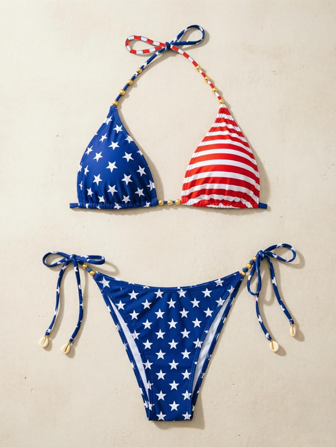 Women's Ribbed Two-Piece Adjustable Triangle Beaded Bikini Set