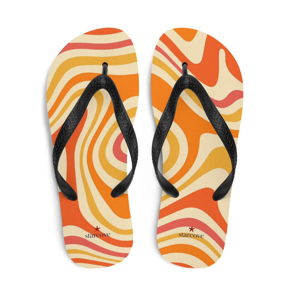Funky Flip Flops, Groovy Orange Psychedelic Comfortable Footwear Thong Sandals Summer Woman Men Beach Rubber Slip On Shoes