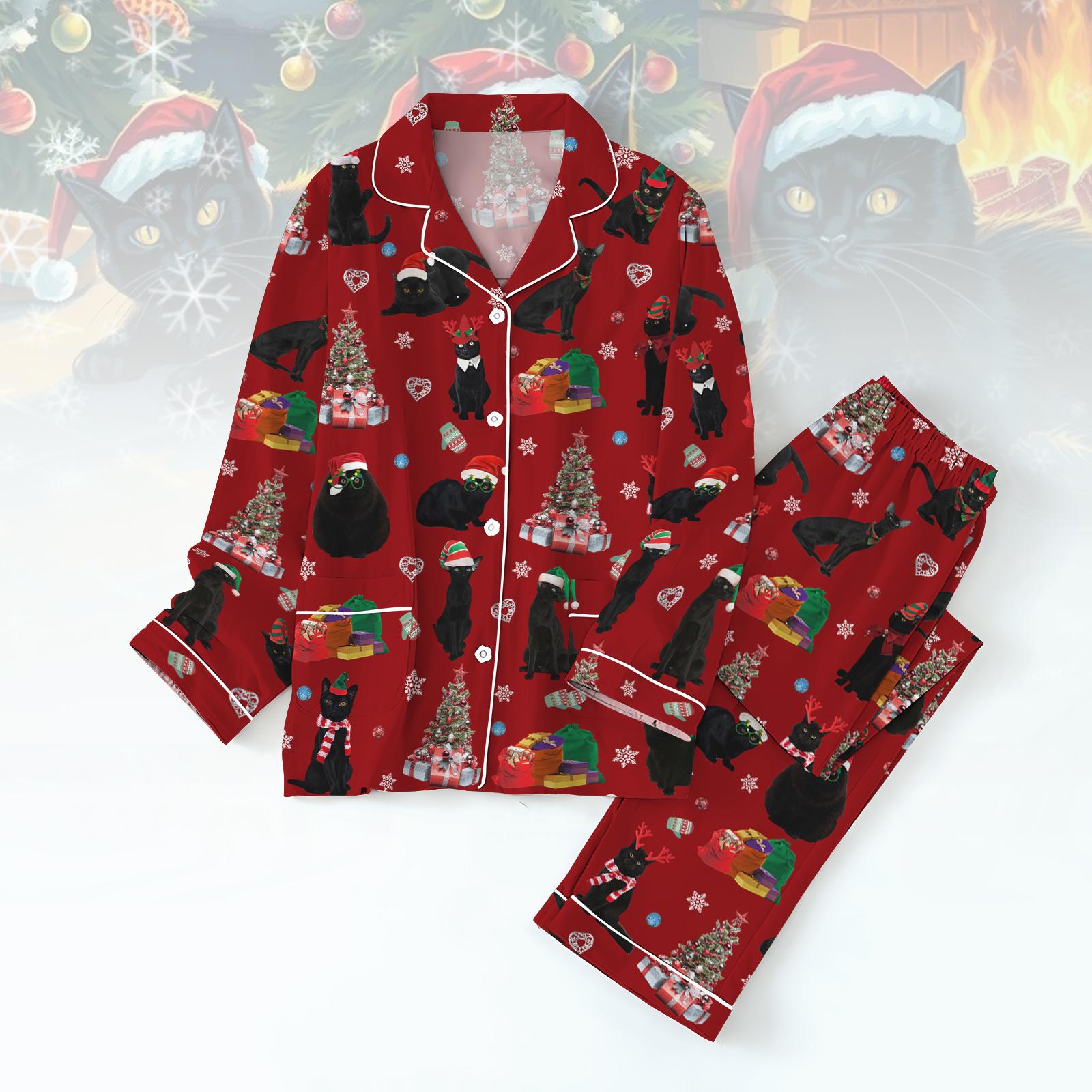 Christmas Black Cat Pajamas Set, Cat Mom Xmas Family Pajamas, Meowy Santa Clause Pj Set, Xmas Cat Lover Shirt Pants Set Gift