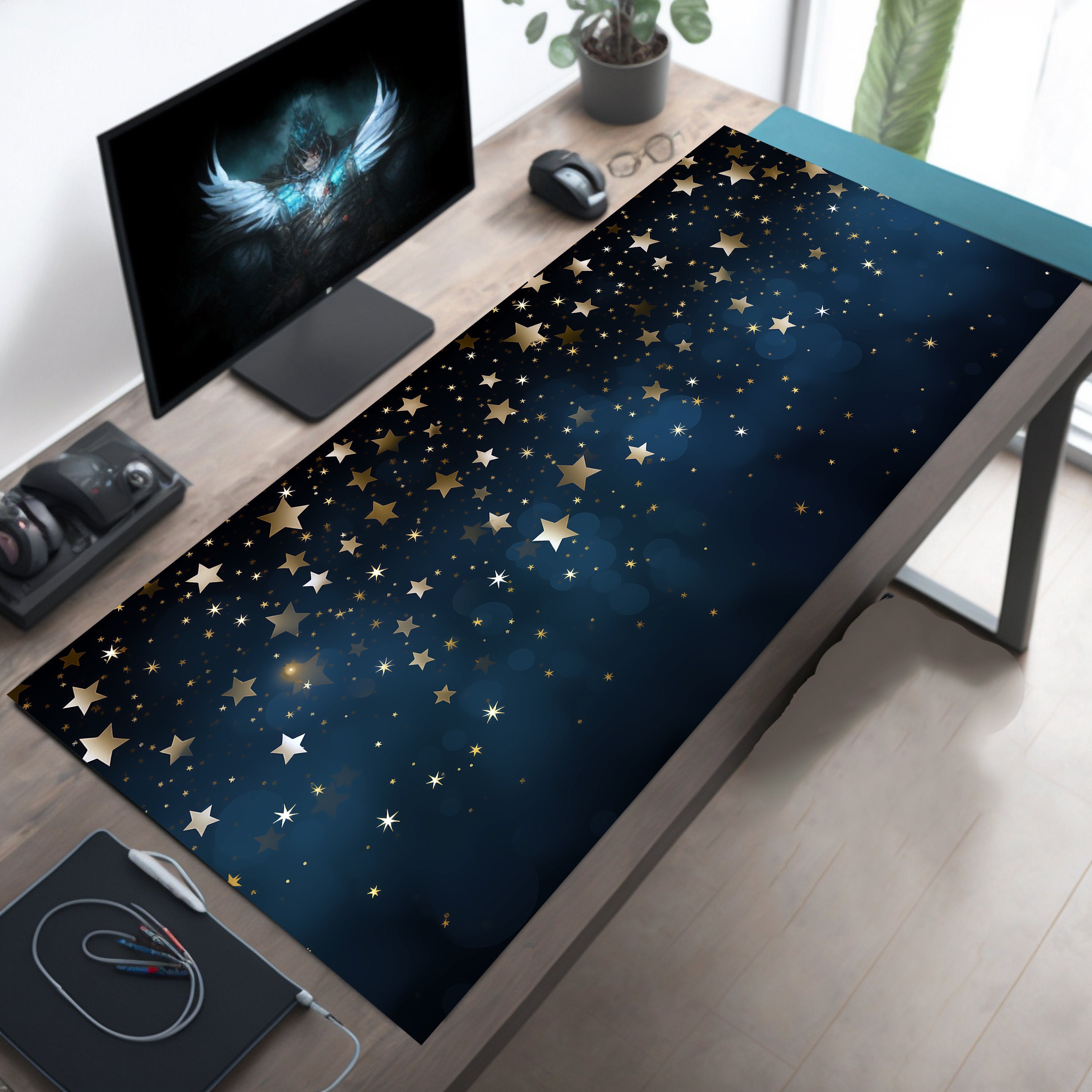 Blue Night Starry Sky Desk Mat, Kawaii Mouse Pad, Large Blue Desk Mat