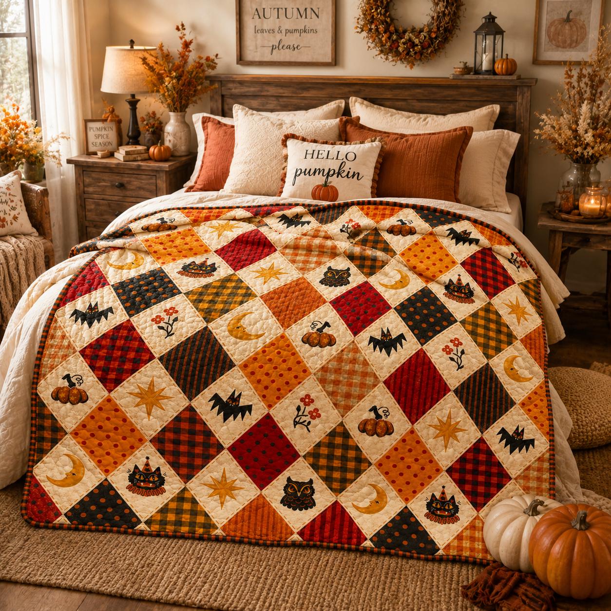 Halloween Quilt Blanket, Vintage Diamond Patchwork, Pumpkin Bat Owl Moon Cat Print, Cozy Fall Home Decor, Spooky Autumn Gift