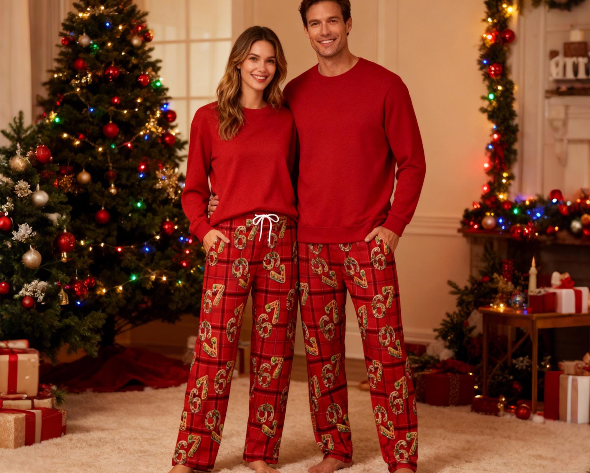Six Seven Meme Christmas Contrast Pajama Pants for Women and Family, Funny Holiday Sleepwear with Number Print, Flannel Matching Christmas Pants