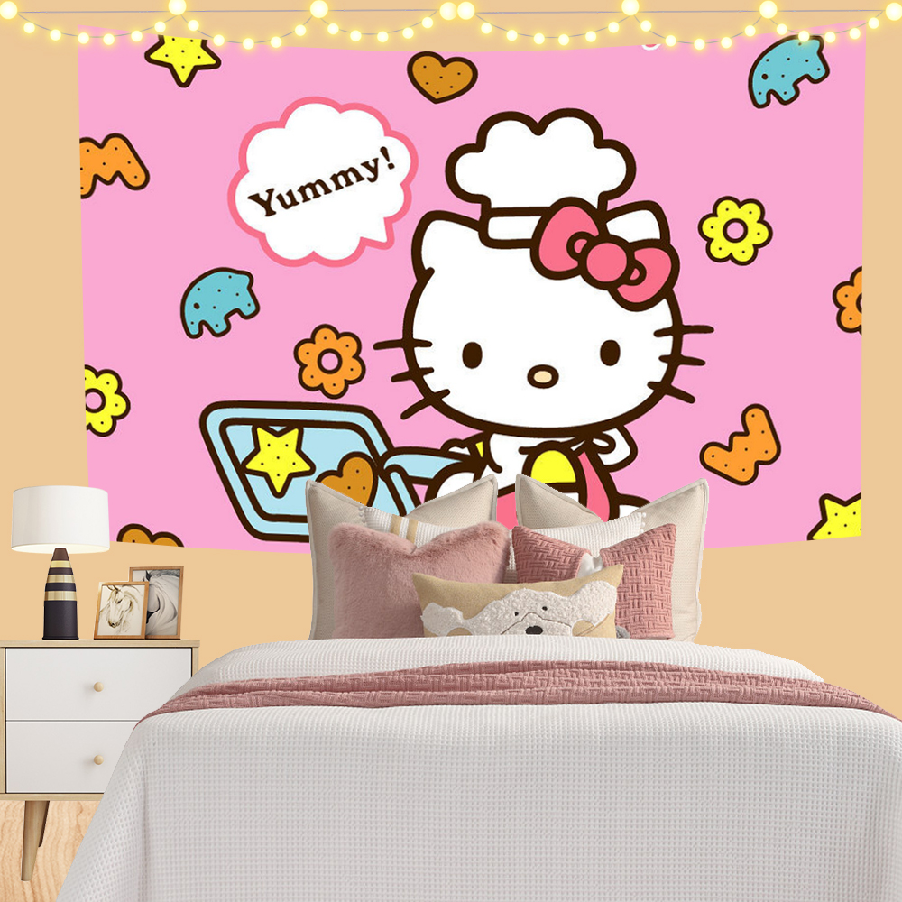 Cartoon Kawaii Hello Cats Room Background Cloth, Poster Wallcloth Tapestry, Wall Hanging Wall Carpet, Dormitory Decoration