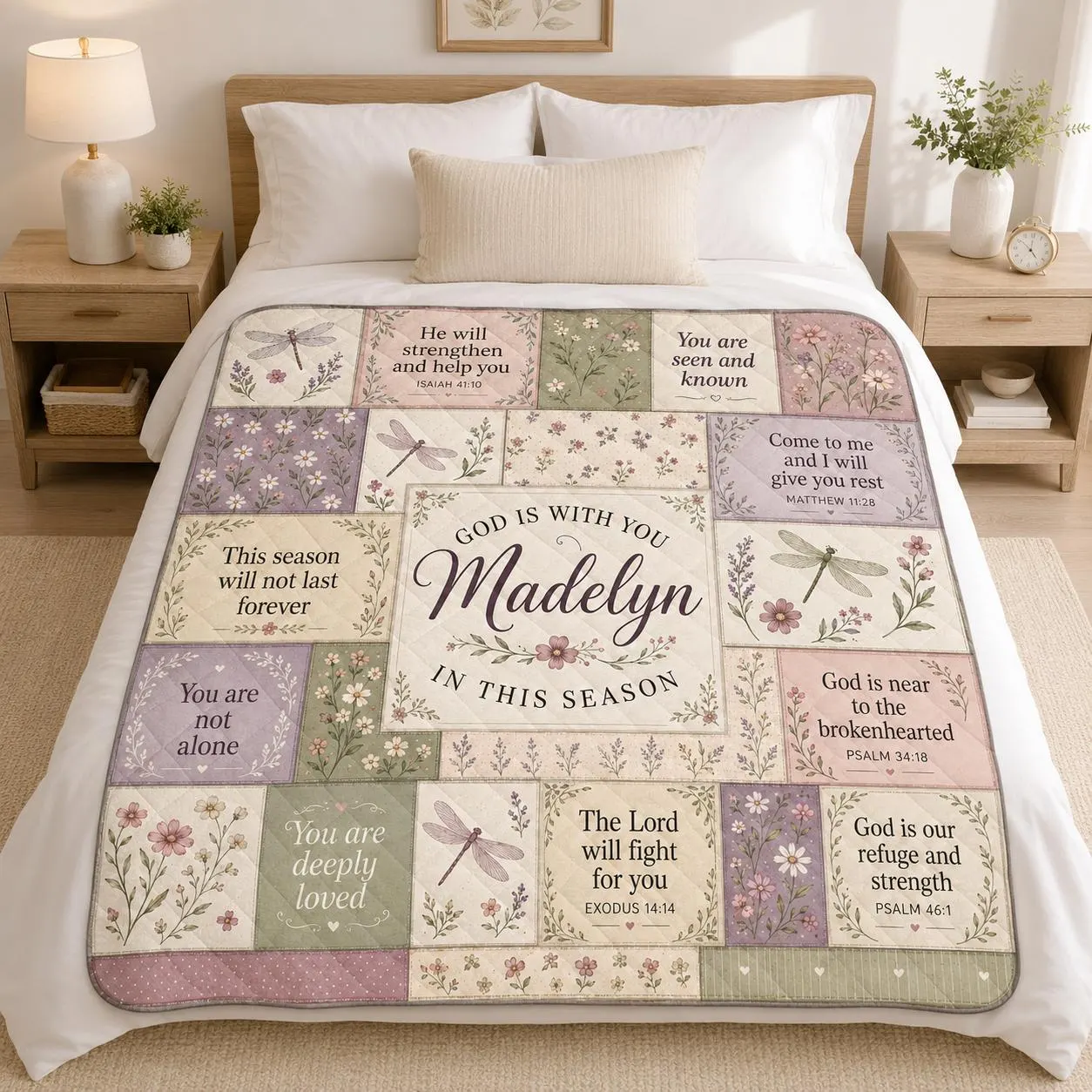 Personalized Christian Quilt, Custom Name Bible Verse Floral Quilt Blanket