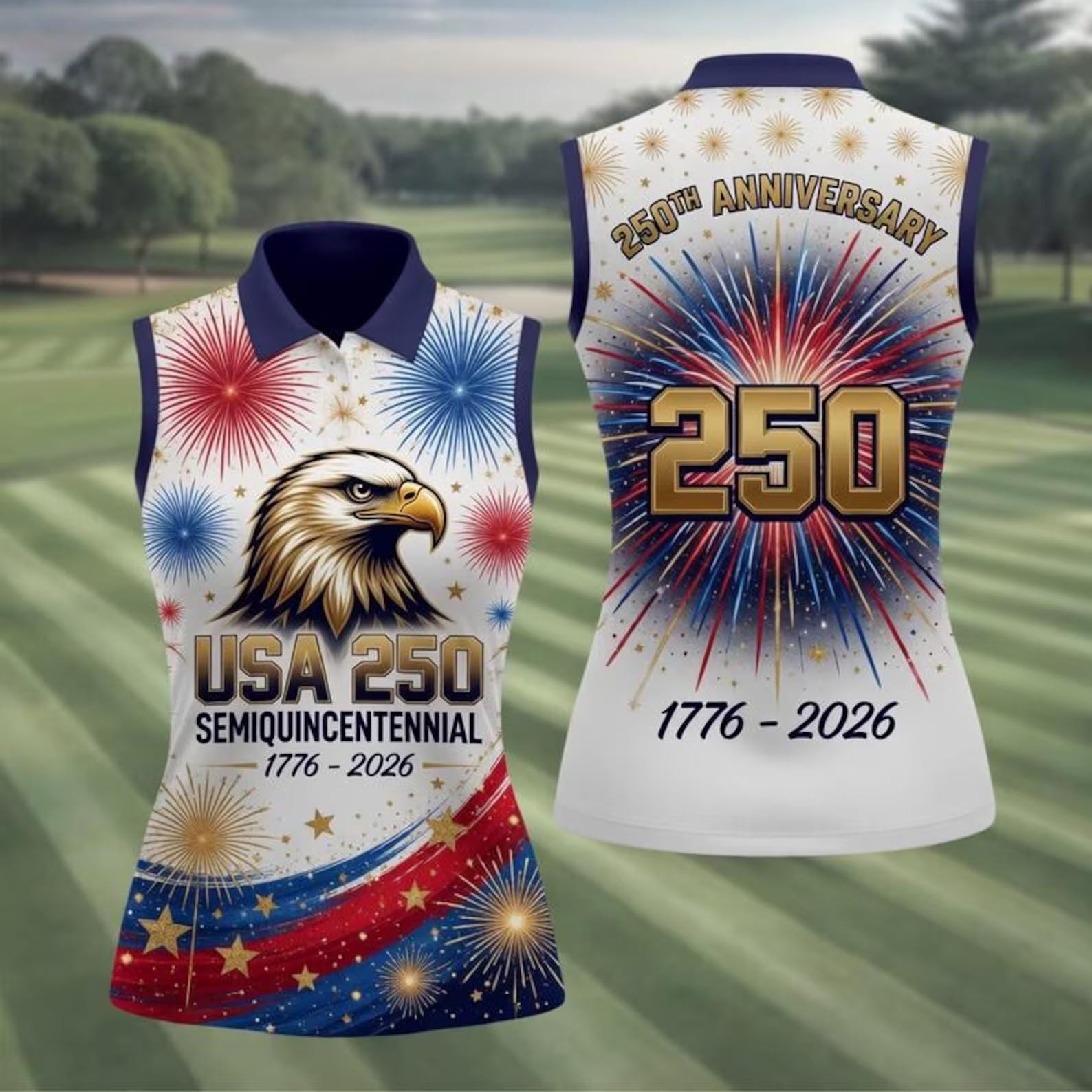 USA 250 Sleeveless Golf Polo Shirt for Women, Patriotic Eagle Fireworks Polo Top, America 1776-2026 Anniversary Shirt