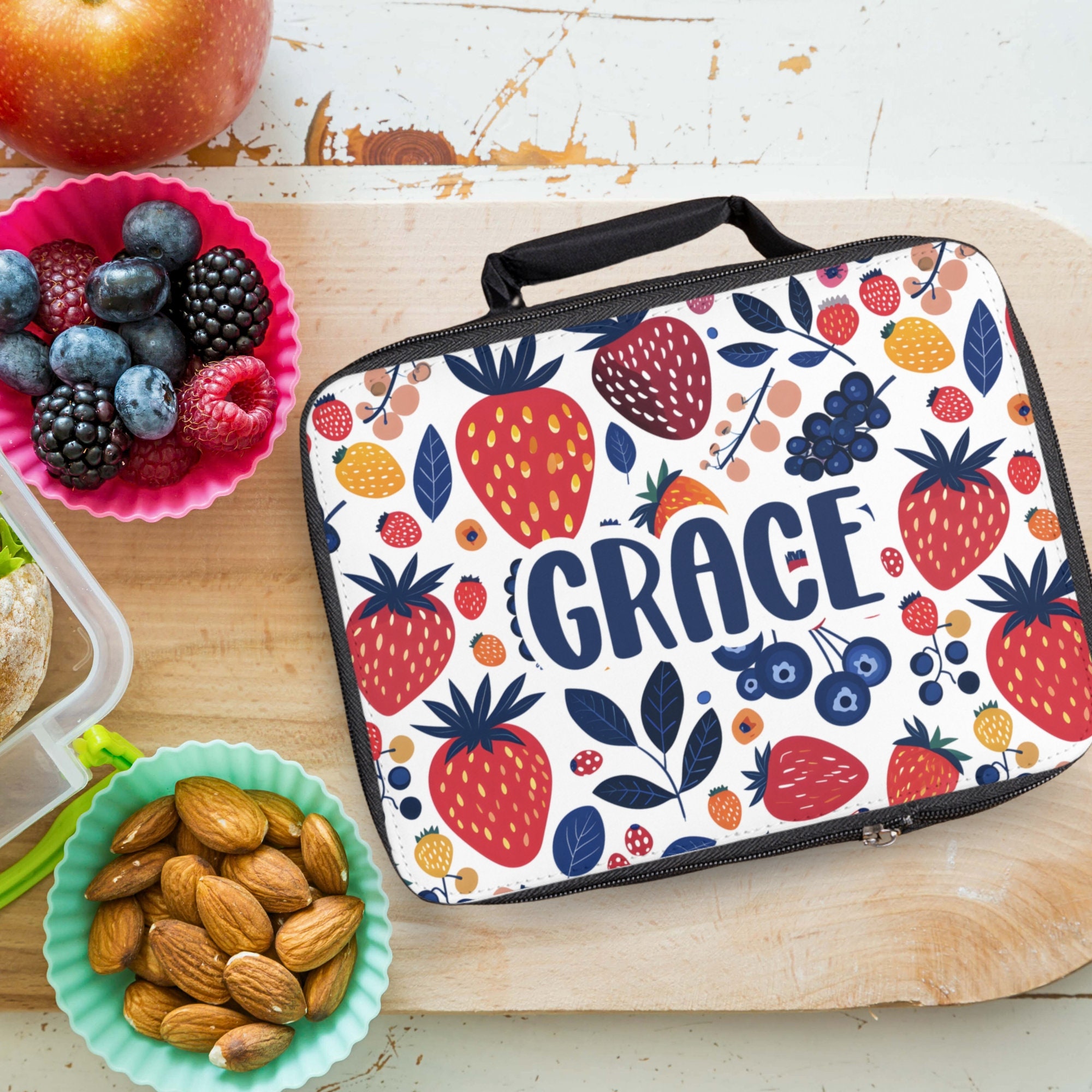 Berries Lunchbox with Custom Name / Girls Preppy Fruit Lunch Bag for School / Personalized Strawberry Lunchbox for Her / Snack Bag