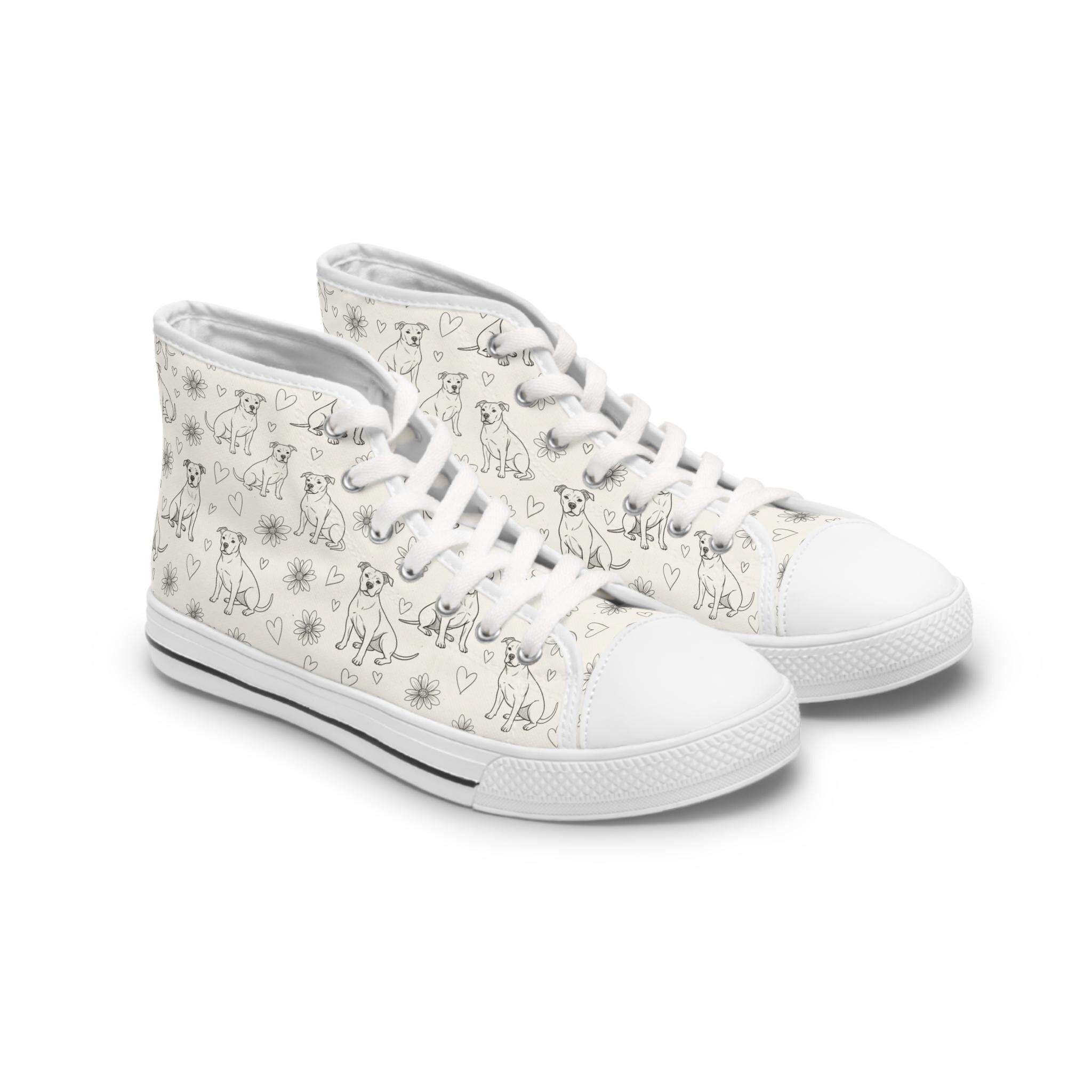 Pitbull Floral High Top Sneakers, Women's Cream Shoes, Dog Lover Gift, Pet Pattern Trainers