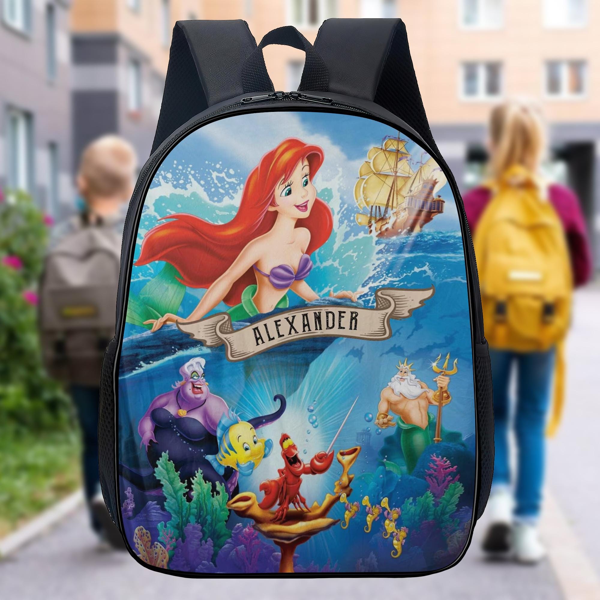 Personalized Mermaid Princess Backpack, Custom Name King Of The Sea Backpack, Funny Cartoon Crab Backpack, Sea Witch Movie School Backpack