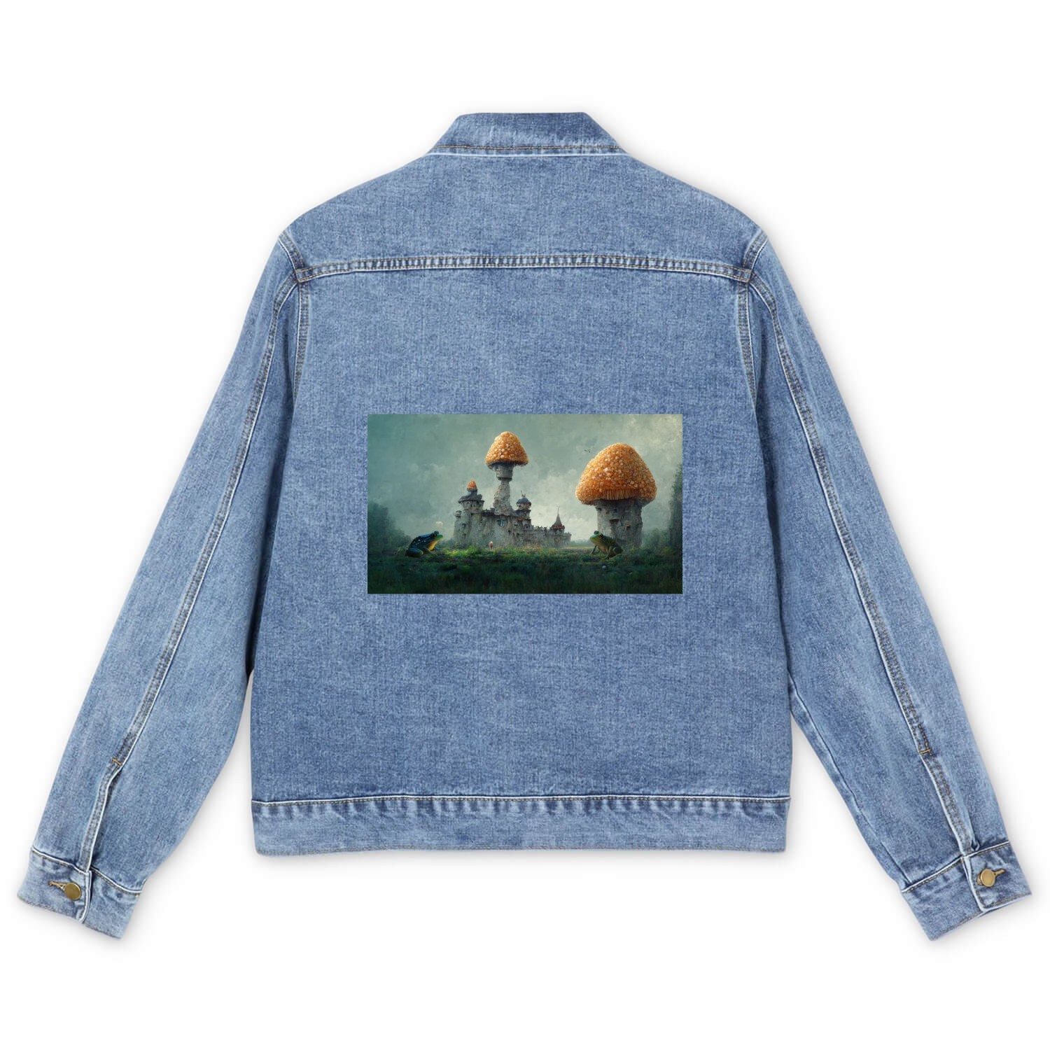 Amanita Mushroom Castle and Tower with Frogs Men's Denim Jackets