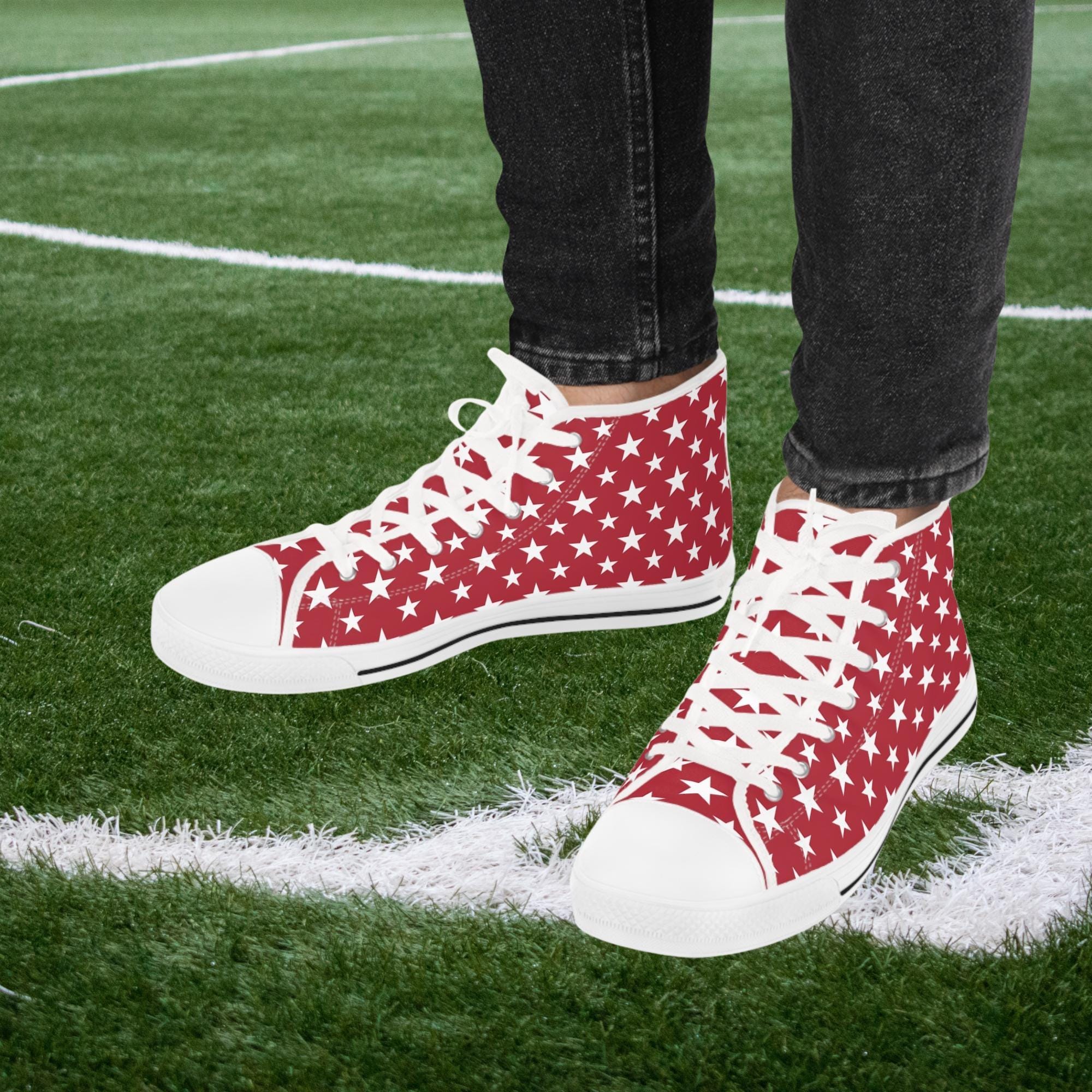 Men's High Top Sneakers with White Stars on Red Canvas, Patriotic July 4th Shoes Wear