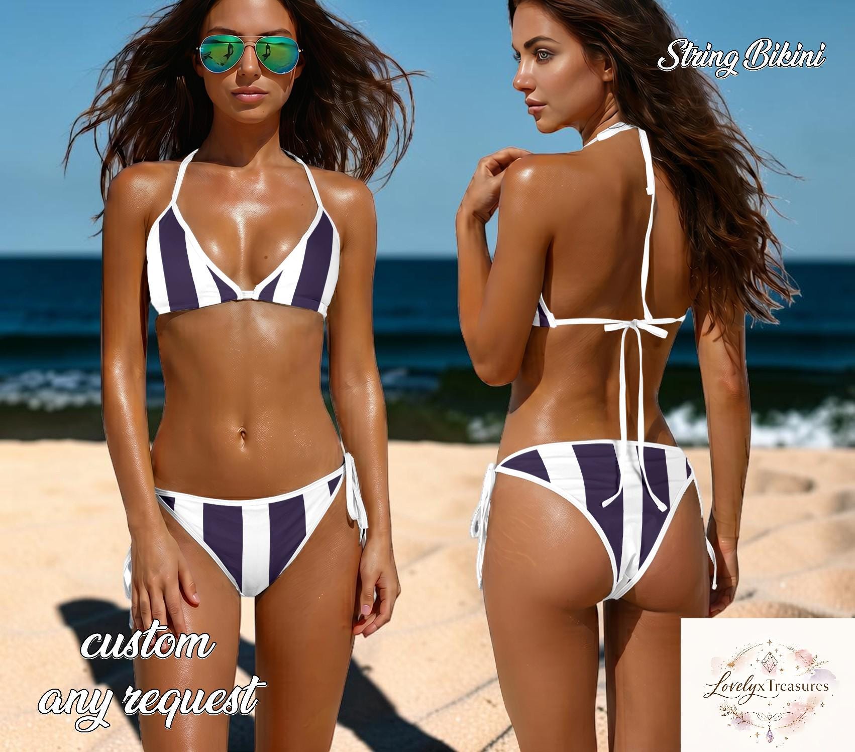Purple White Striped Bikini Set, Triangle String Bikini, Cute Tie Side Swimsuit, Aesthetic Summer Beachwear