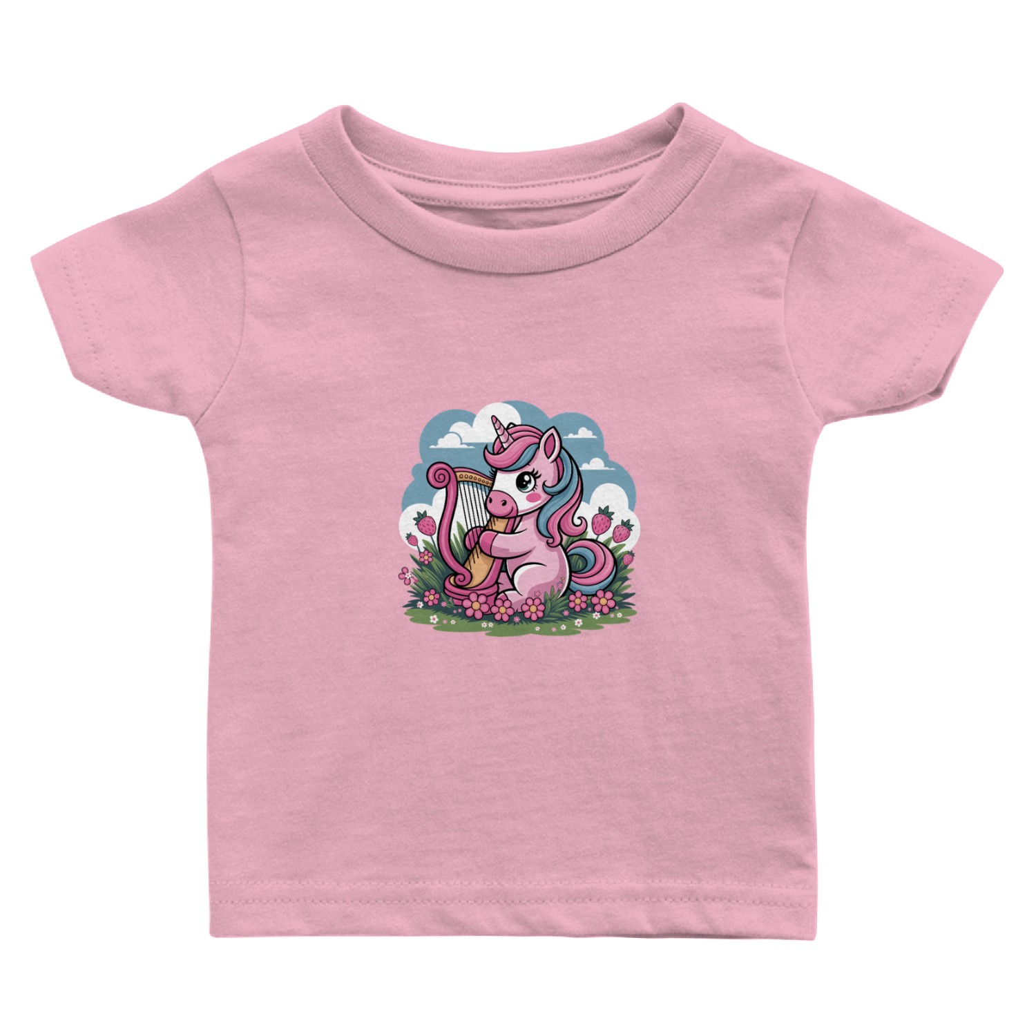 Adorable Unicorn Harp Fantasy with Strawberries Baby T Shirts