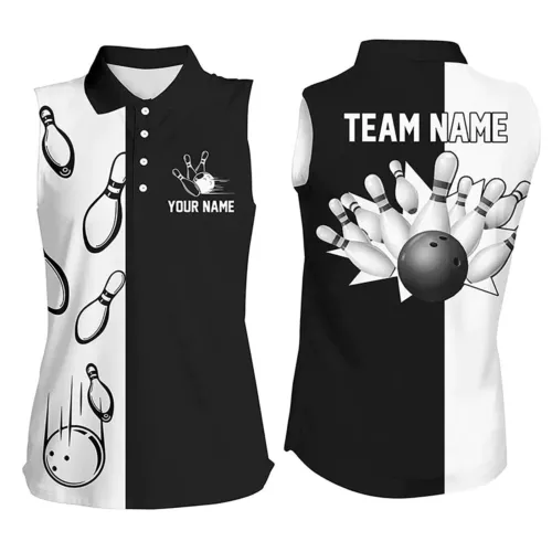 Black And White Retro Vintage Bowling Custom Team Women Sleeveless Polo