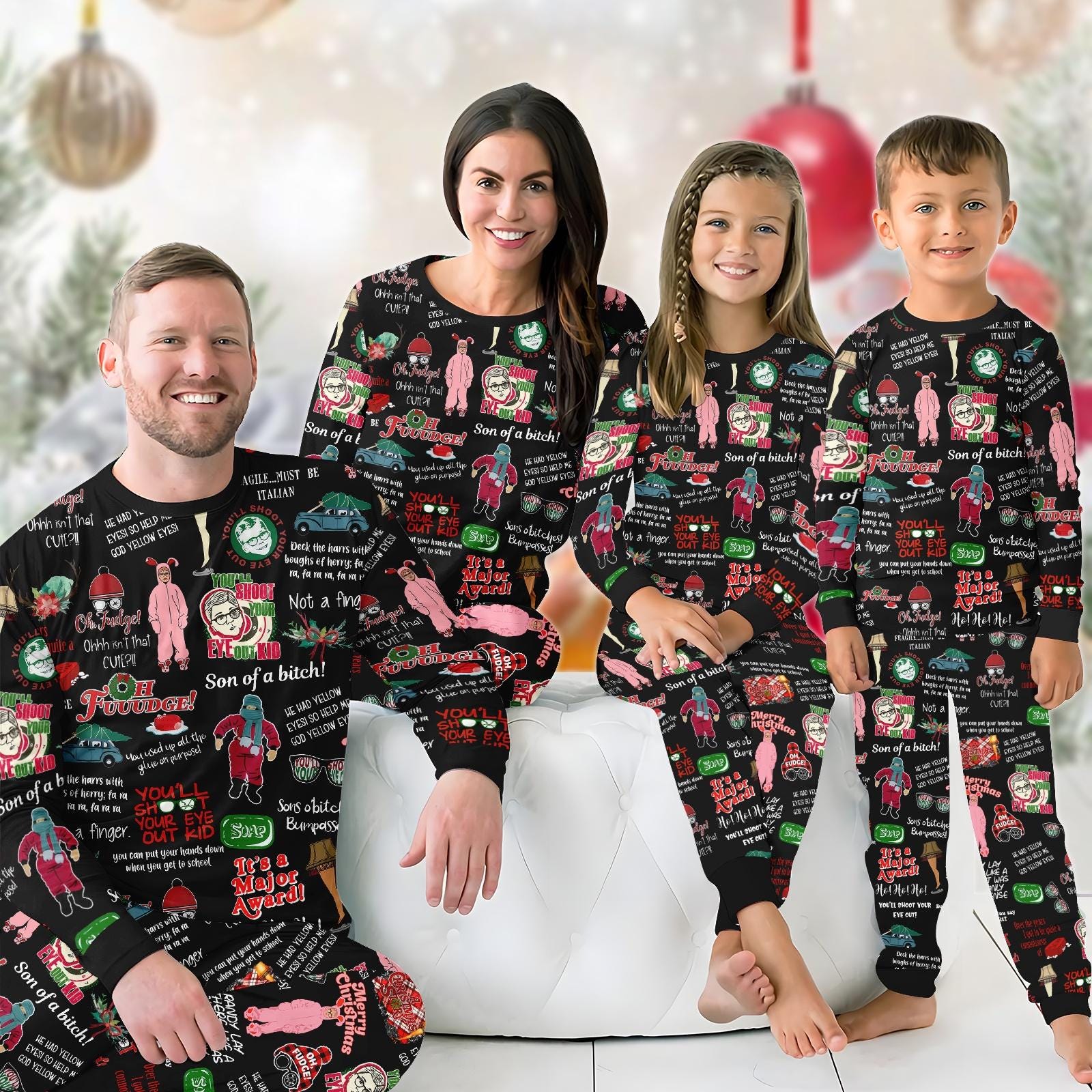 A Christmas Story Family Pajamas Set, Oh Fudge Matching Holiday Pajamas, Leg Lamp Loungewear, Funny Xmas Movie Tee And Pants For Family