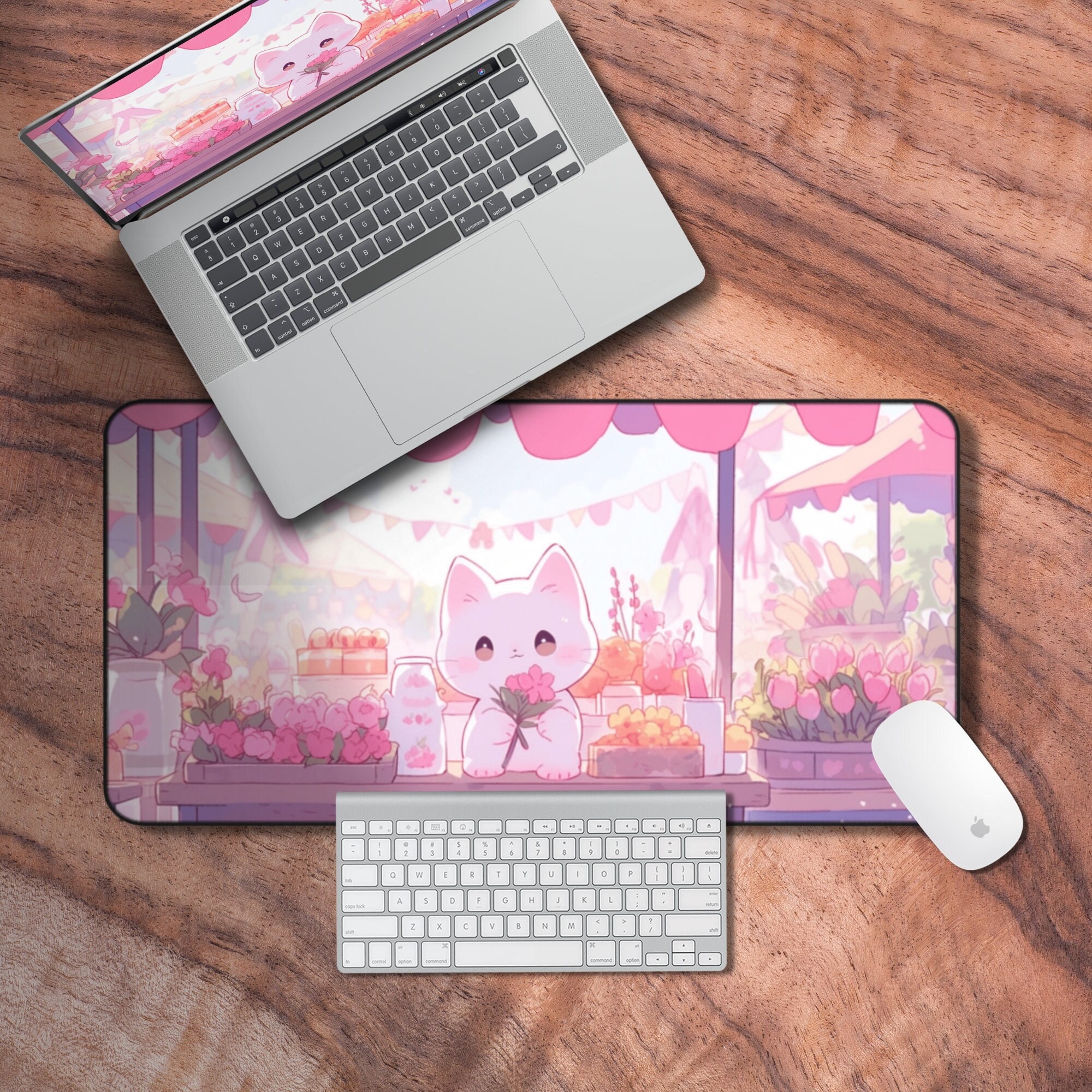 Kawaii Pink Gaming Desk Mat, Lofi Keyboard Mat, Dorm Room Decor for Teenagers