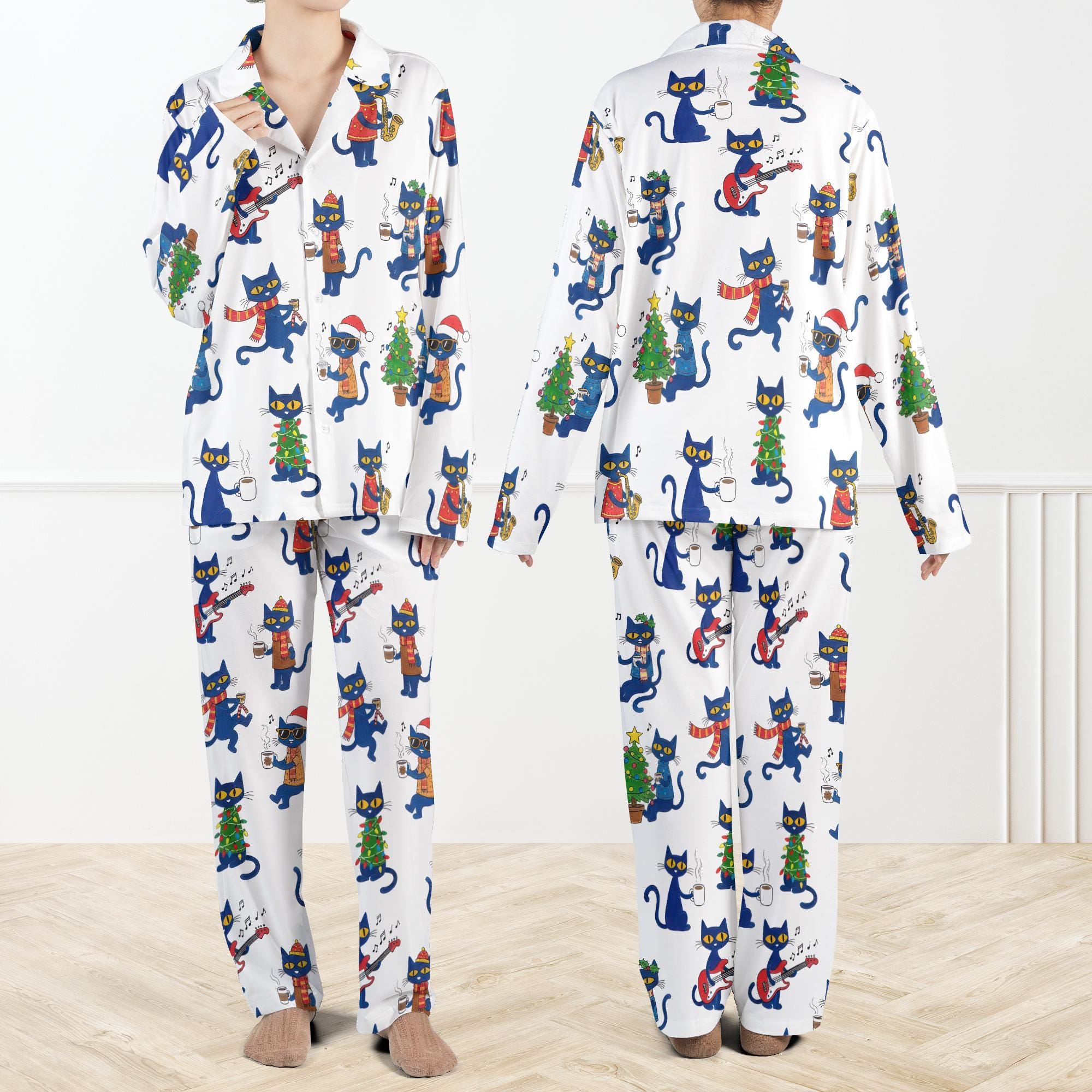 Pete Cat Pajama Set For Women, Cute Singing Cat PJs Set, Funny Holiday Sleepwear, Winter Matching Family PJs, Cat Lover Gift