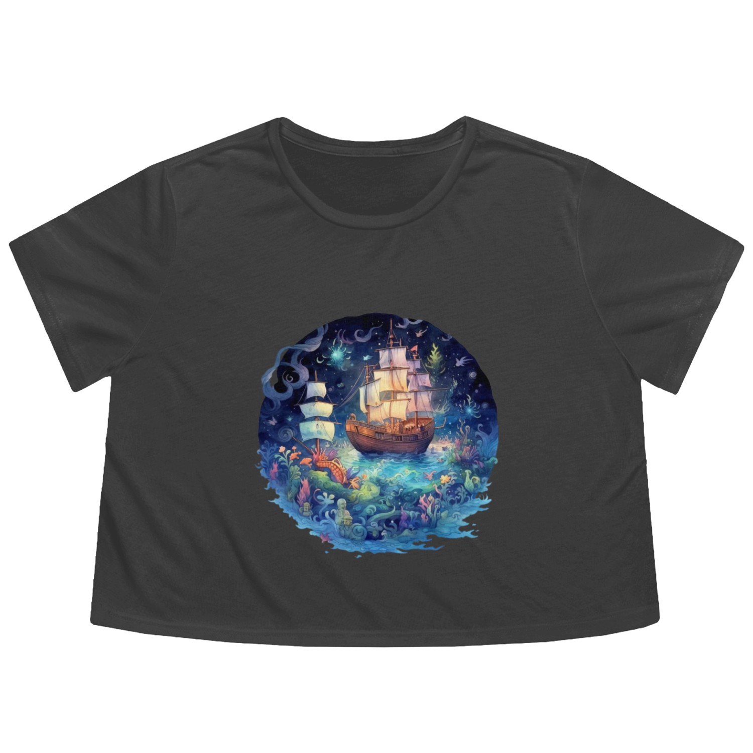 Colorful Traditional Sail Ship at night Flowy Cropped Tees