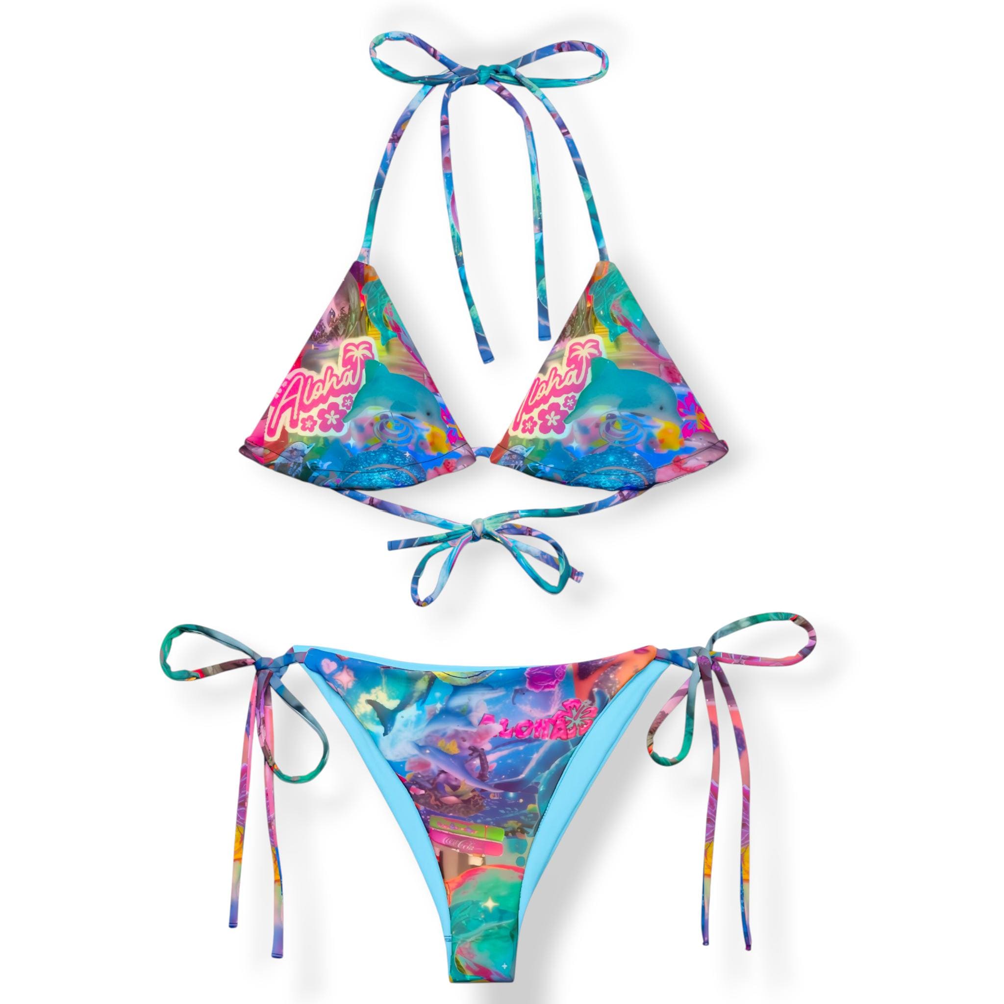 Y2K Coconut Girl Rave Bikini, Dolphin Hibiscus Summer