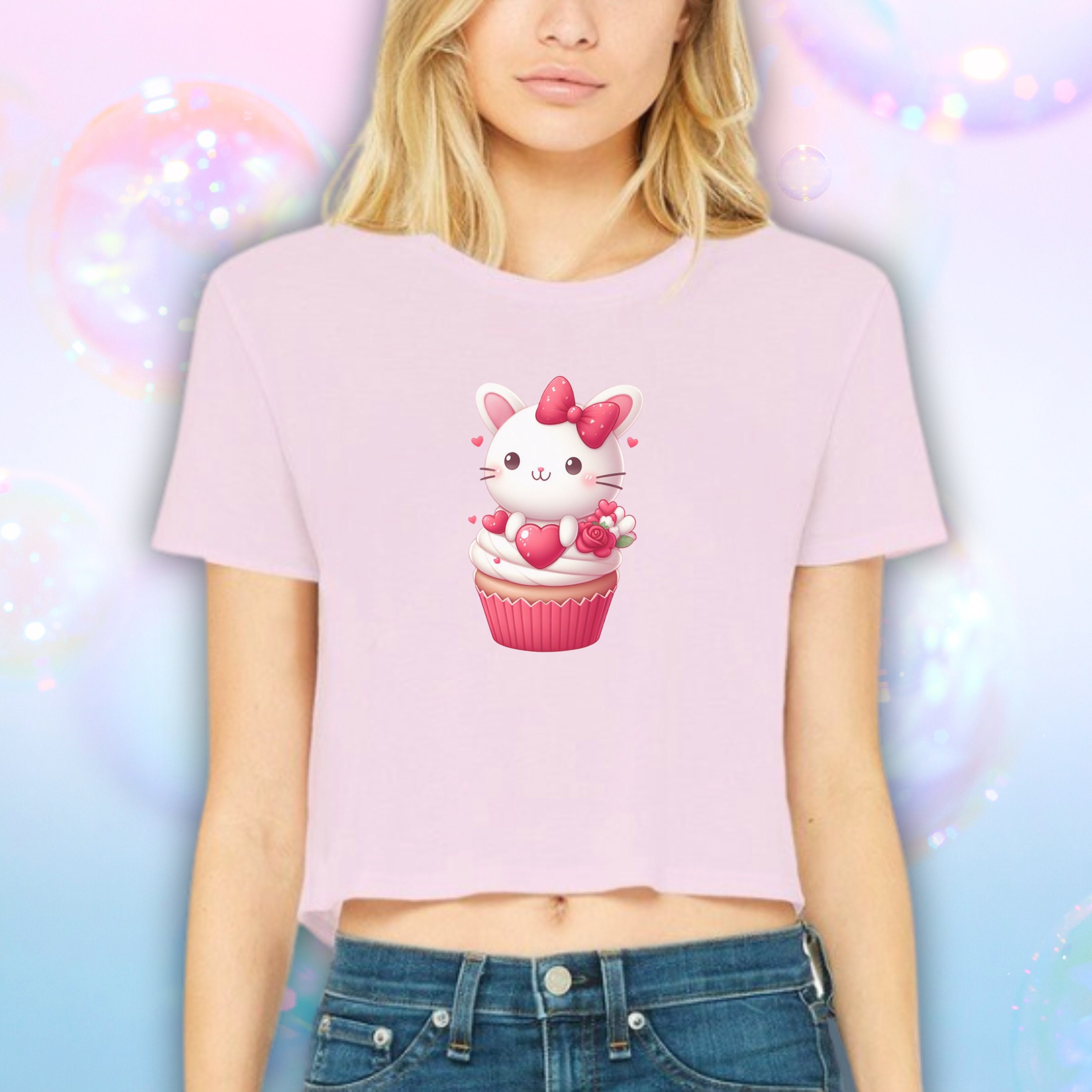 Cute Kitty Cupcake Women's Crop Top, Kawaii T-Shirt, Sanrio Anime Cartoon Casual Clothes, Y2k Cropped Tee Shirt