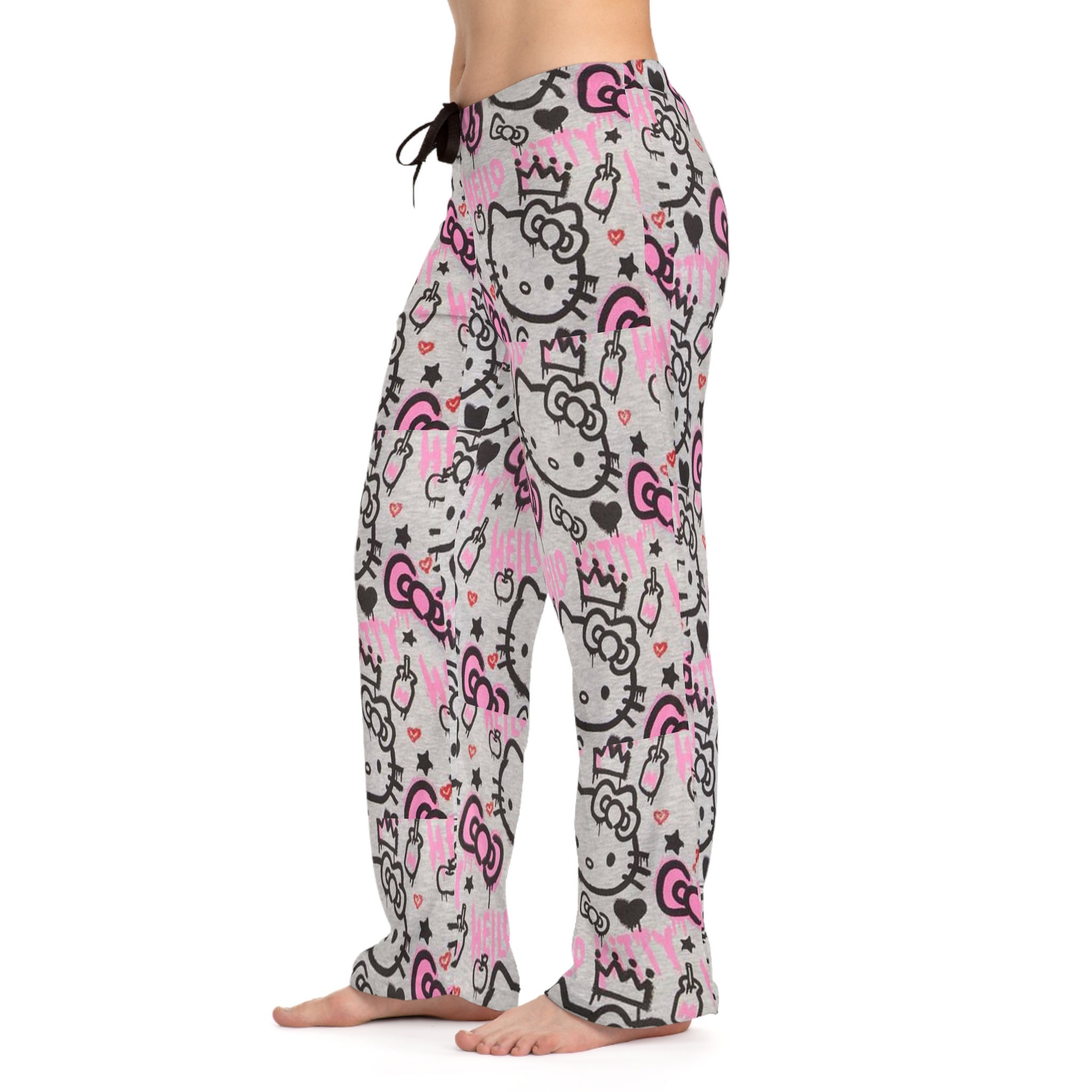 Retro graffiti kitty pink gray pajama pants lounge love gift Sleep