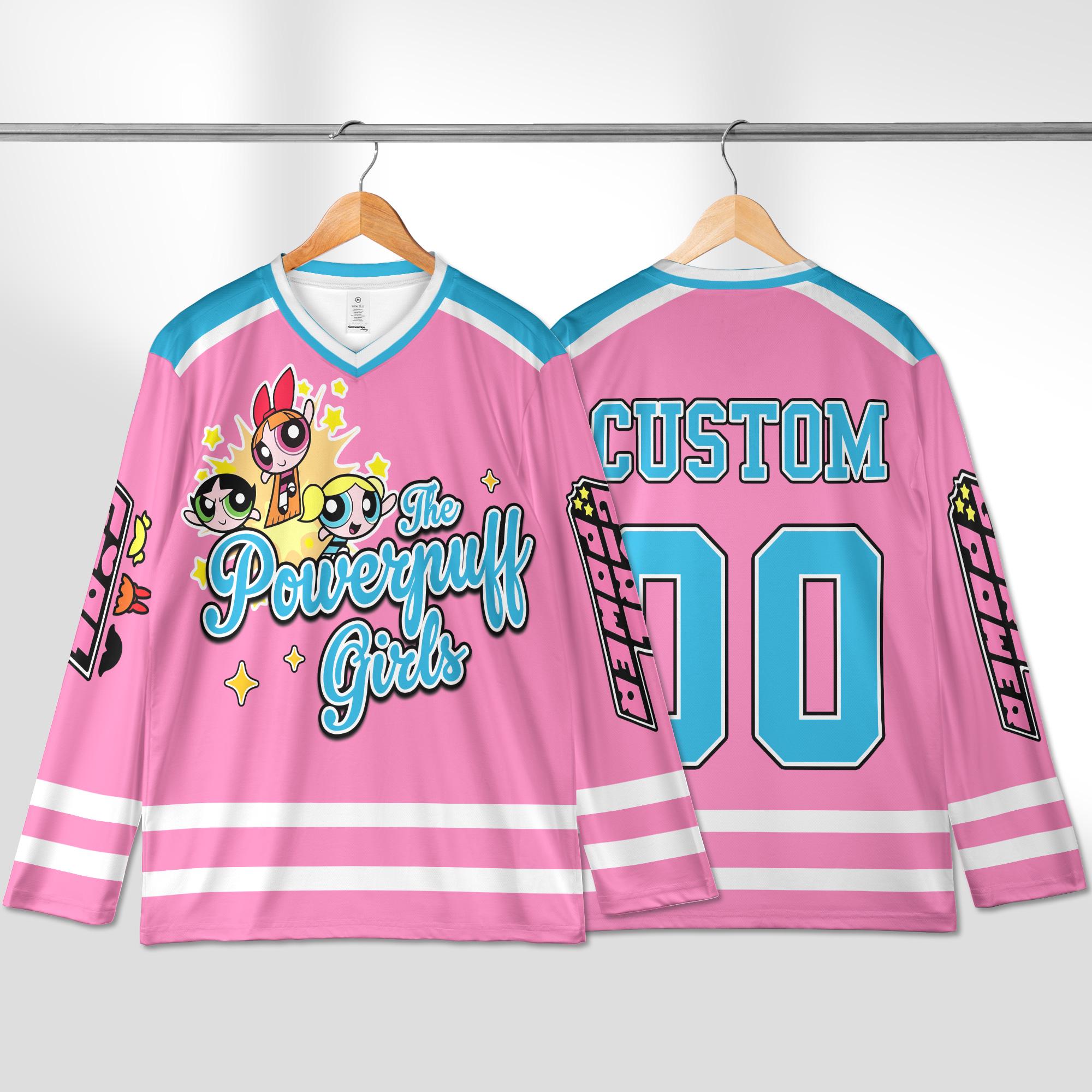 Personalized Powerpuff Girls Hockey Jersey, Custom Cartoon Shirt, Blossom Bubbles Buttercup Sports Outfit, Matching Family Shirt