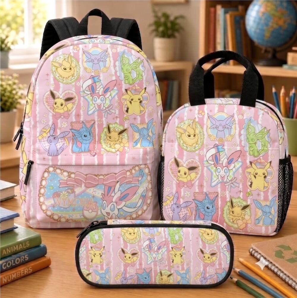 PKM Eeveelution Backpack Set, School Bag, Lunch Box & Pencil Case, Anime Design, Back to School Gift