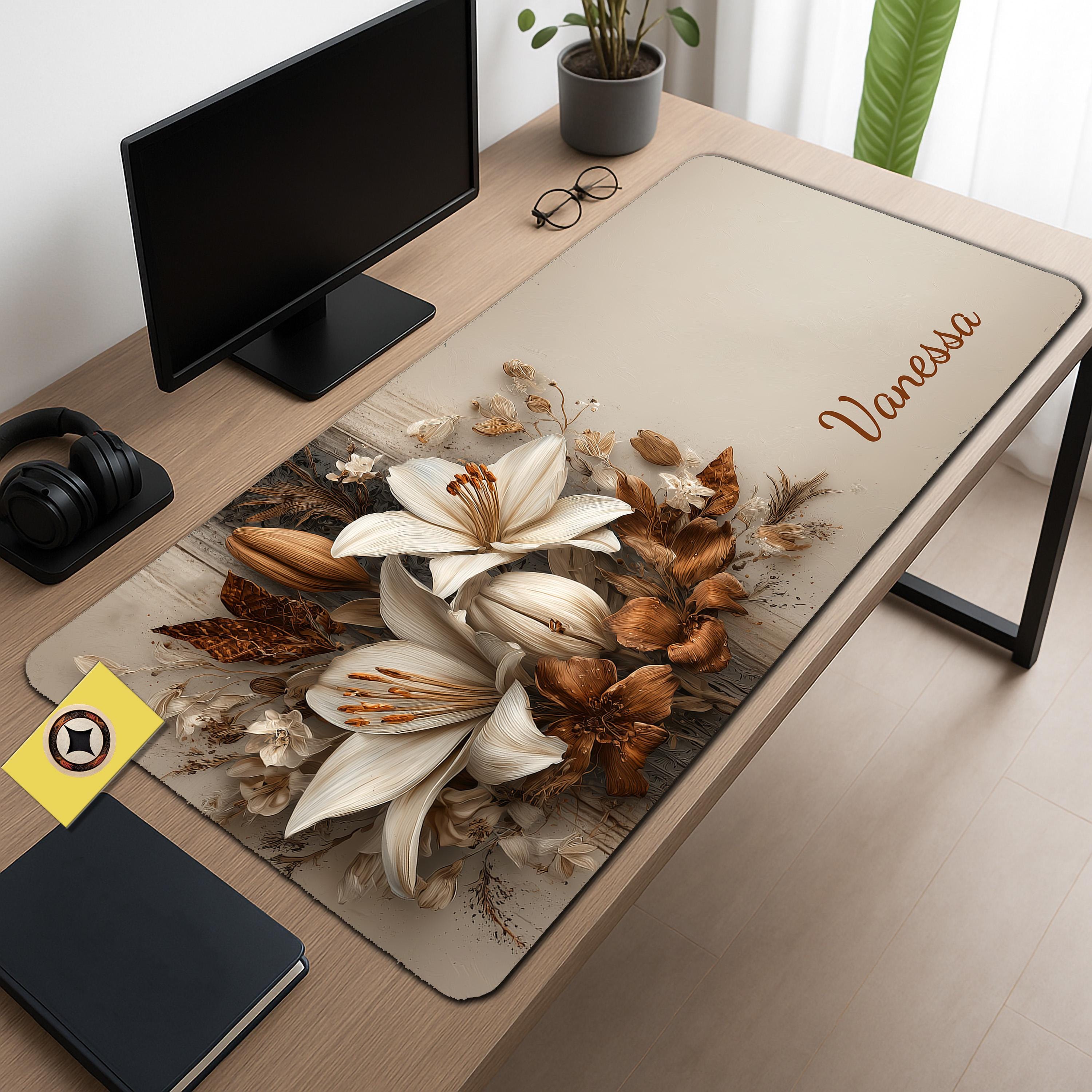 Neutral Lily Botanical Desk Mat - Large Aesthetic Mouse Pad for Home Office and Gaming