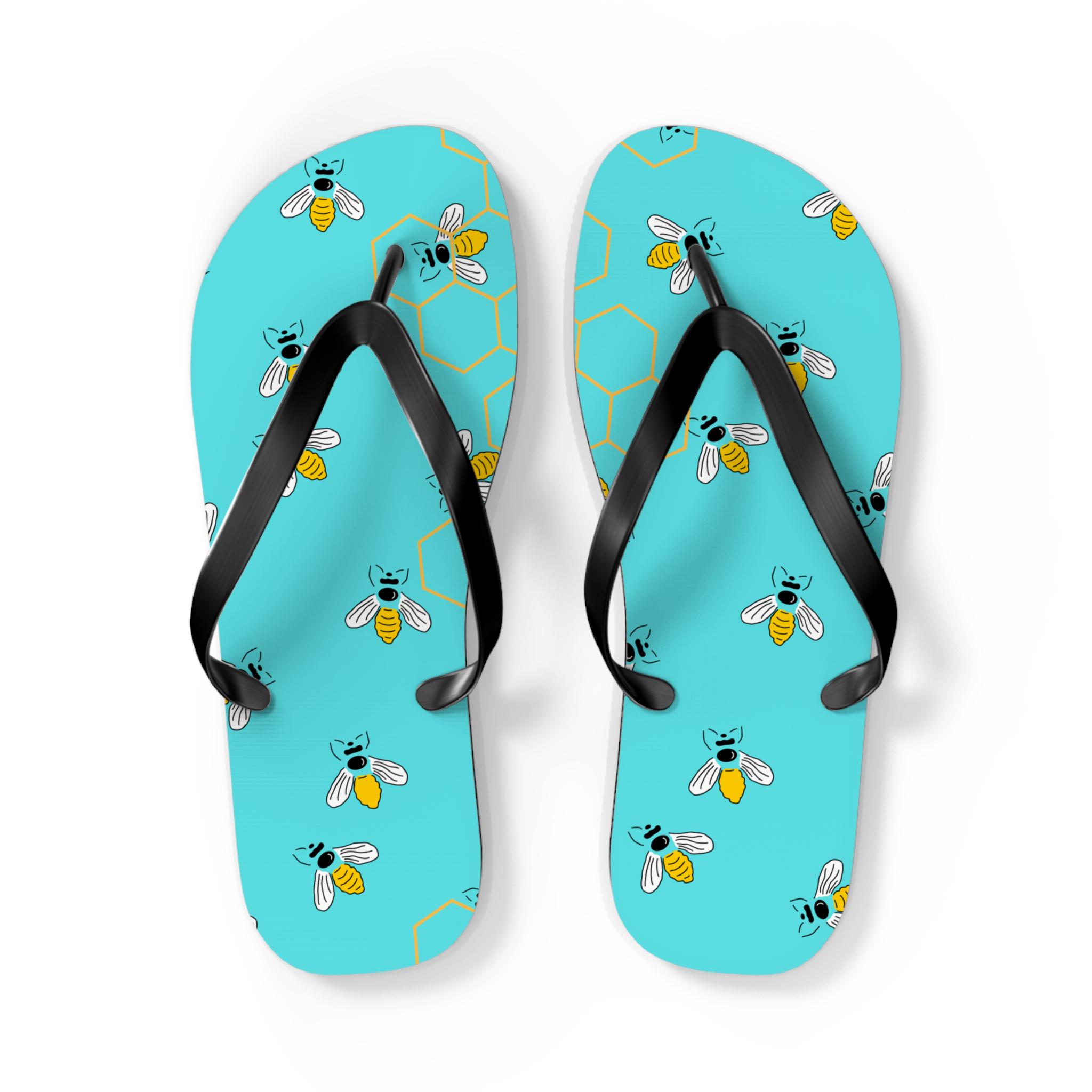 Bee-Themed Flip Flops, Summer Footwear, Cute Beach Sandals, Perfect for Vacations, Gifts for Bee Lovers, Fun Pool Accessory