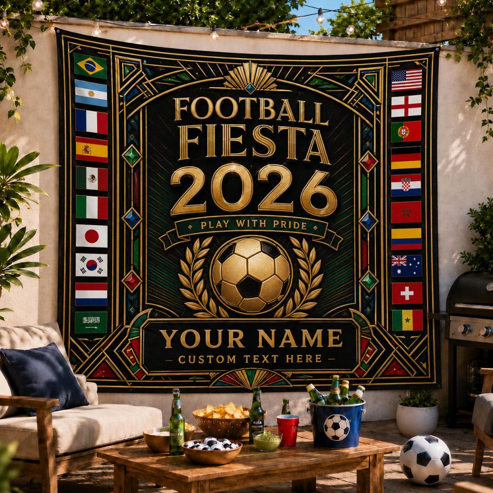 Personalized 2026 Football Fiesta Tapestry, Custom name Sports Event banner, Football Tournament Tapestry Sign Photo Booth Props