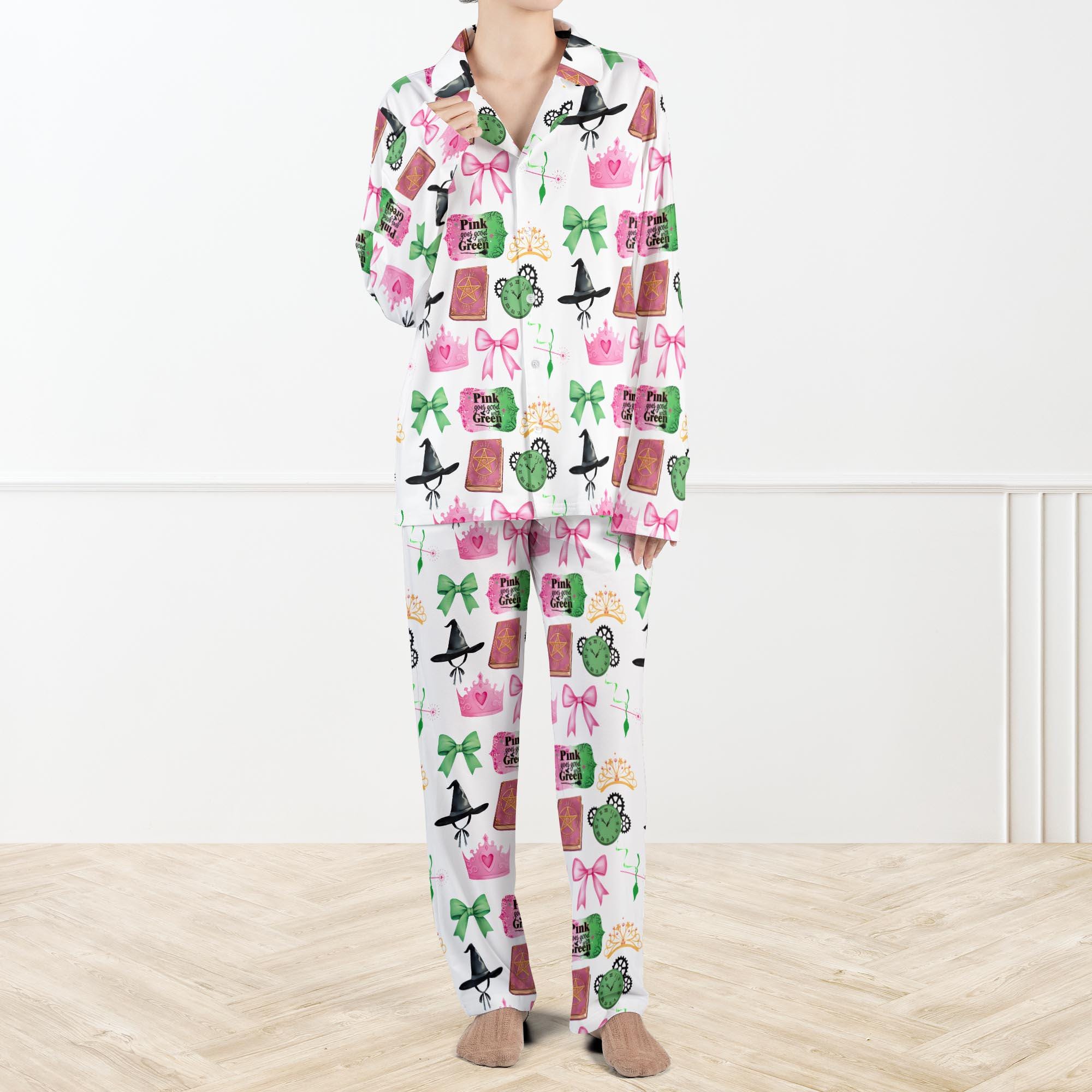 Wicked Pink And Green Pajama Set For Women, Pink Green Sorority Christmas Pajamas Set, Cute AKA Inspired Holiday PJs for Women