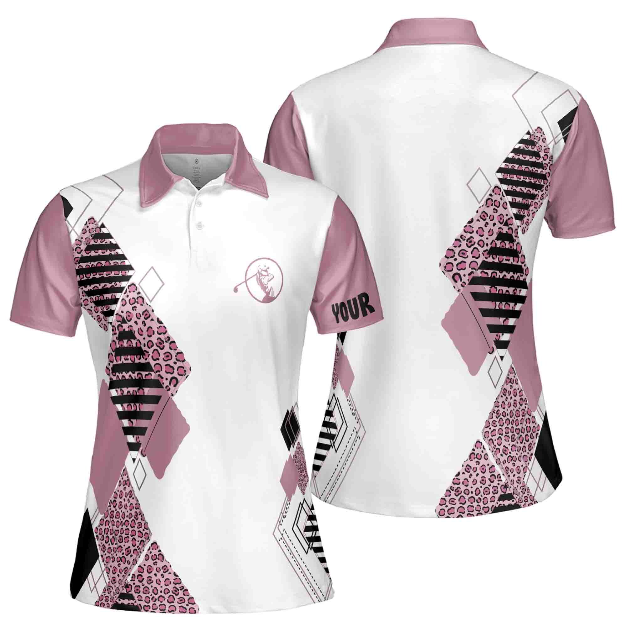 Pink Golf Polo White Shirt Leopard Pattern Custom Name Golf Gift Women's Polo Shirt
