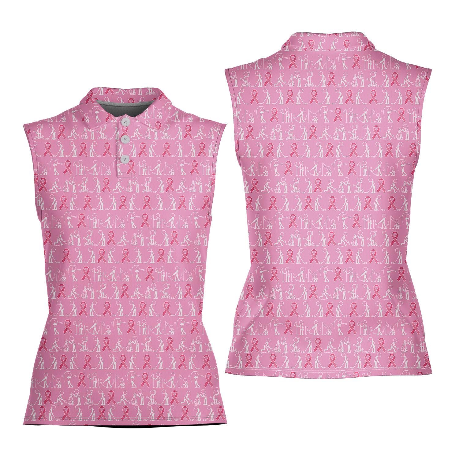 Women Sleeveless Pink Ribbon Polo Shirt, Breast Cancer Awareness Clothing, Cancer Support Outfit