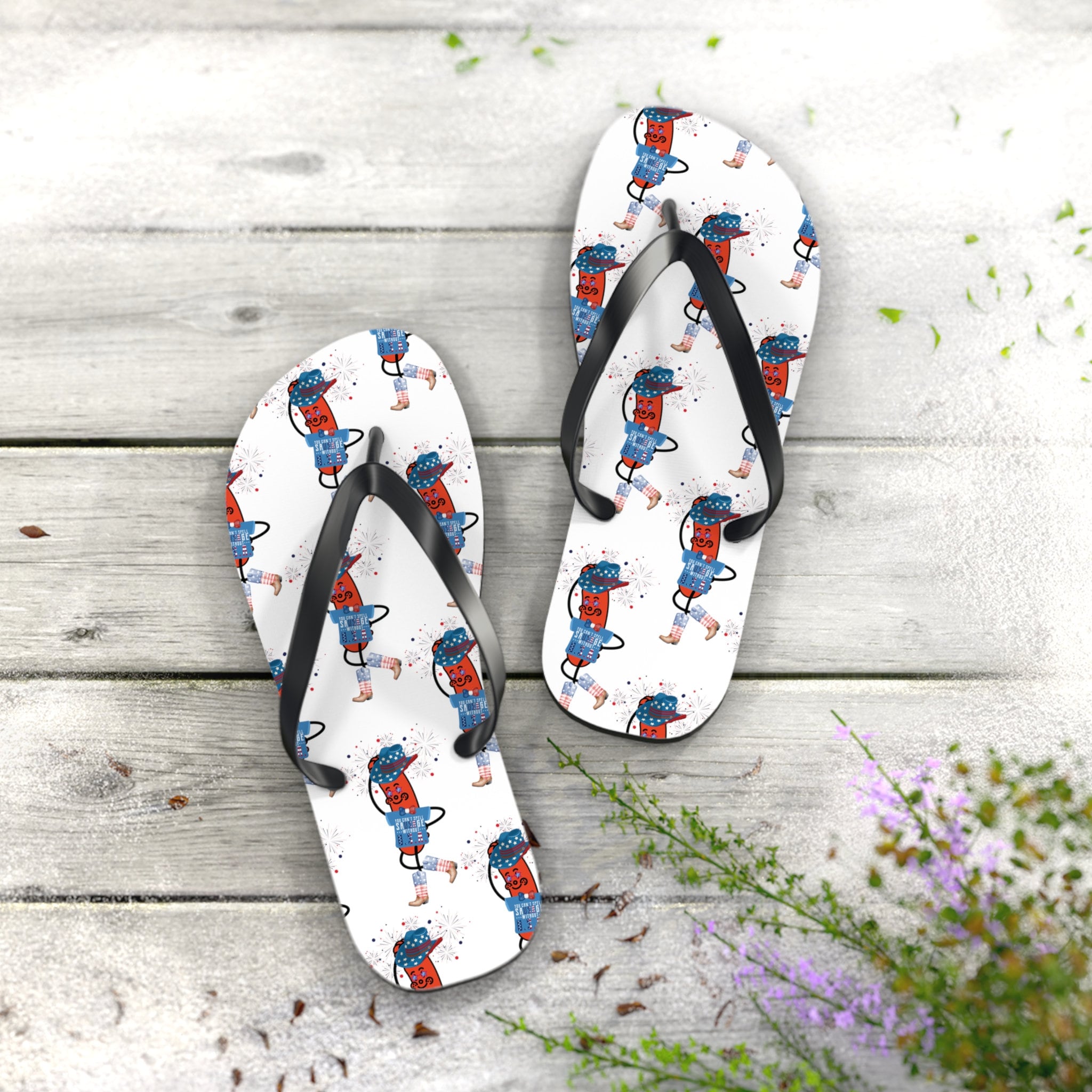 Flip Flops for Summer, can't spell sausage without USA flip flops, sausage with cowboy hat and boots, flip flops for 4th of July, unisex