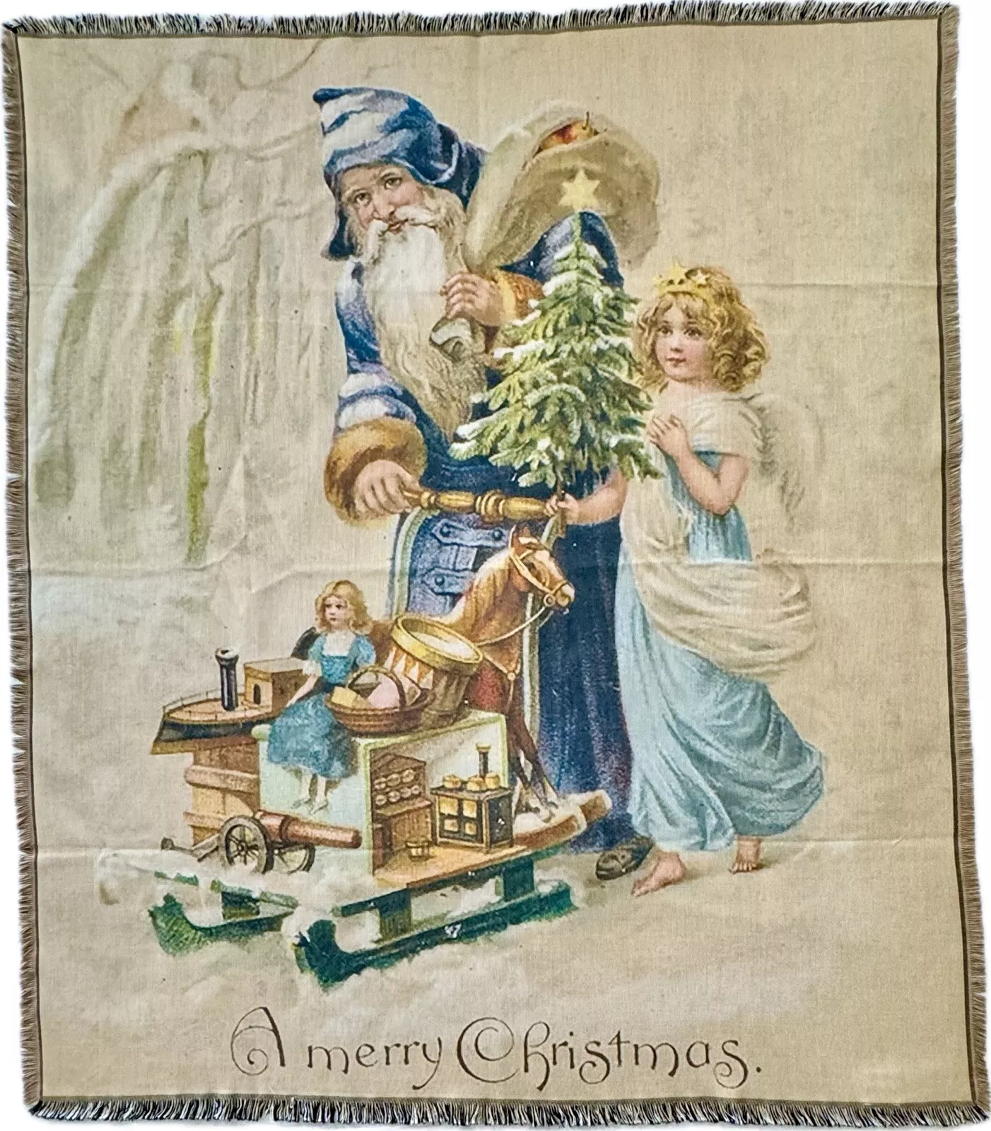 New FATHER CHRISTMAS VTG POSTCARD Tapestry Throw Blanket BLUE ROBE SANTA ANGEL